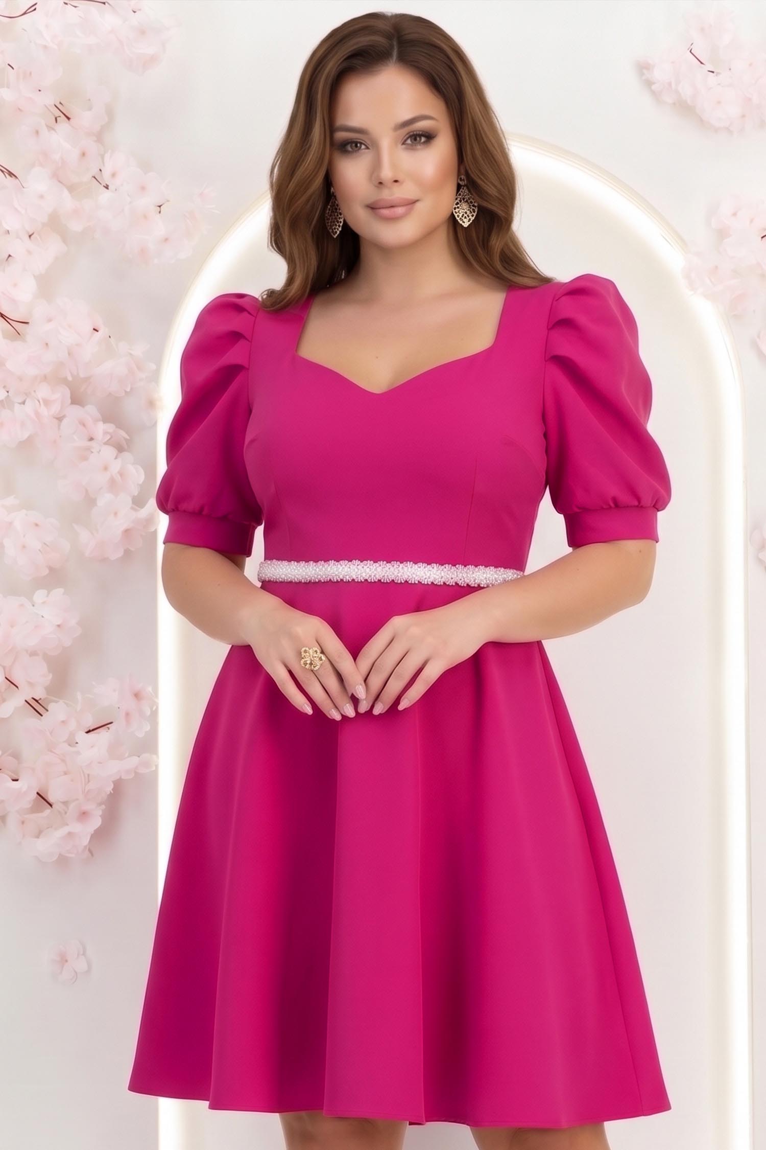 Rochie fuchsia până la genunchi in clos accesorizata cu cordon cu perle detasabil- StarShinerS 1 - StarShinerS.ro