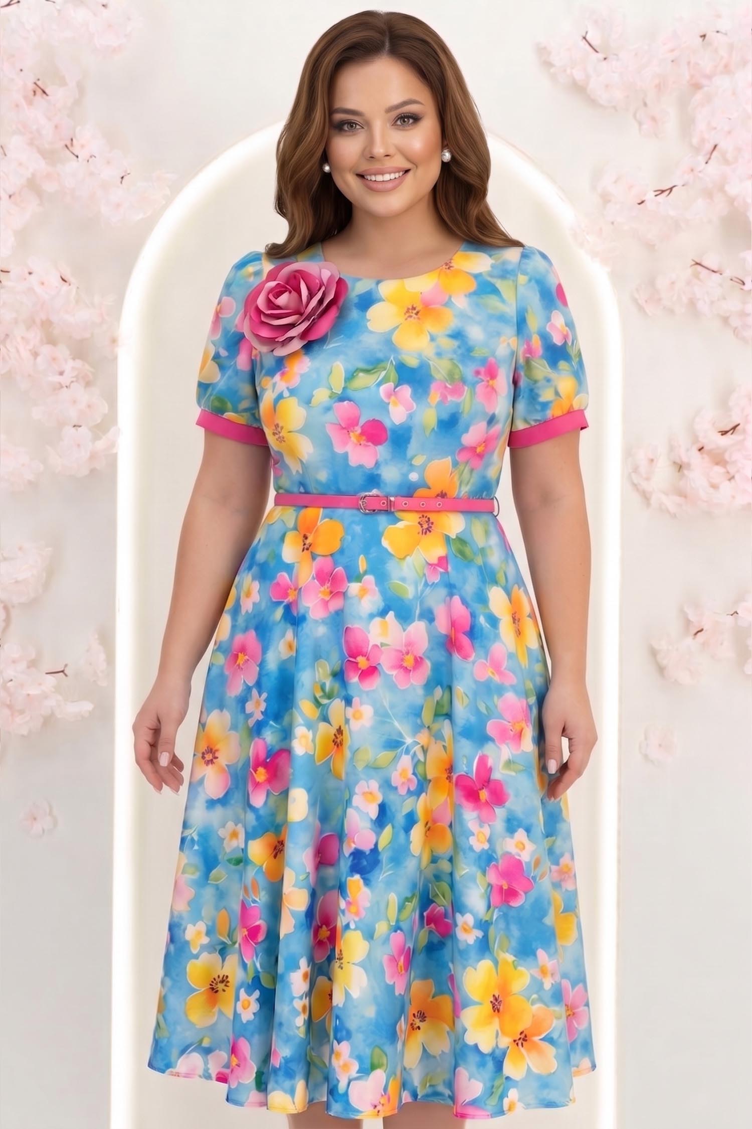 Rochie turcoaz midi in clos cu accesoriu tip curea si brosa florala - StarShinerS 1 - StarShinerS.ro