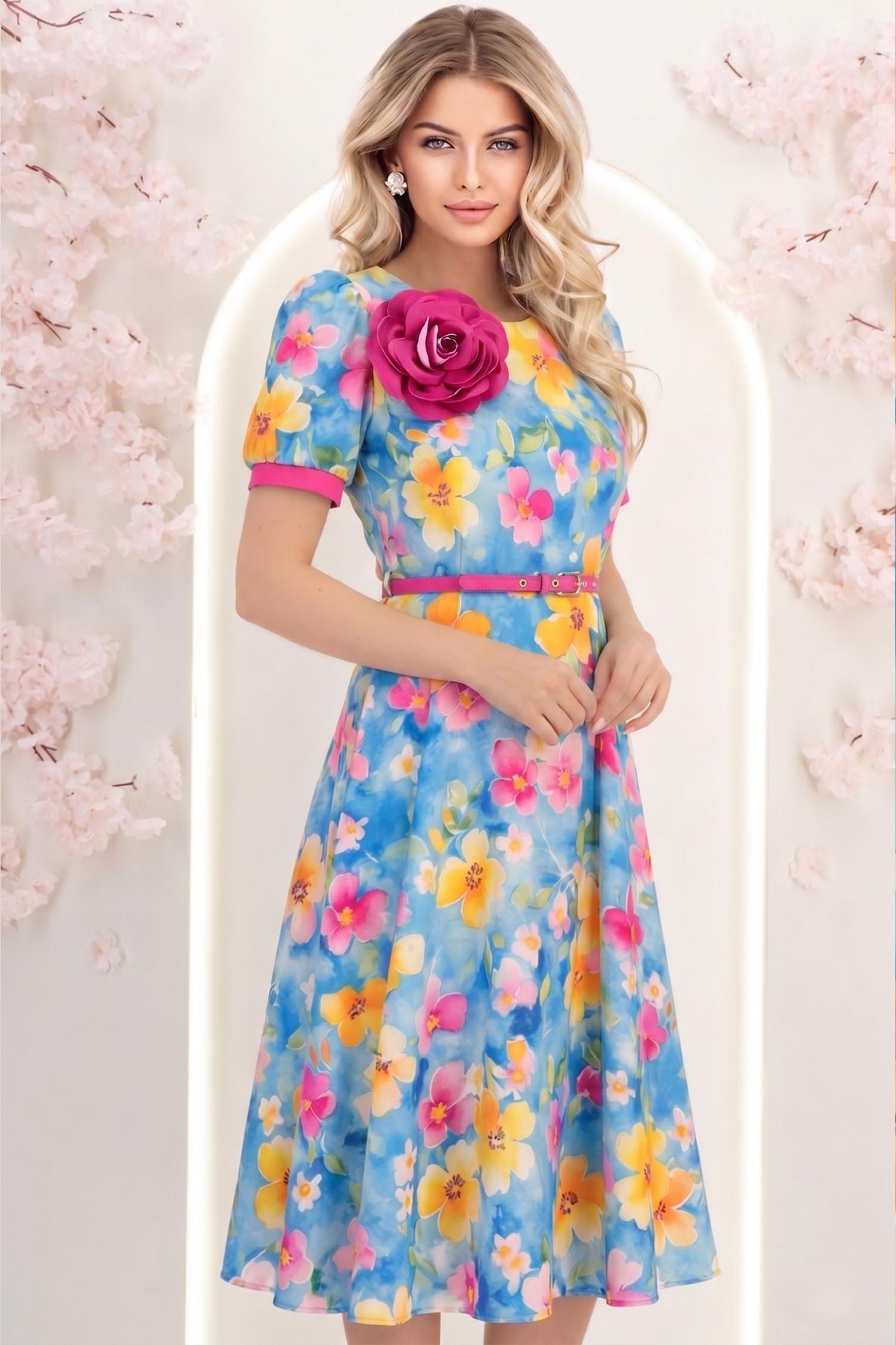 Rochie turcoaz midi in clos cu accesoriu tip curea si brosa florala - StarShinerS 2 - StarShinerS.ro
