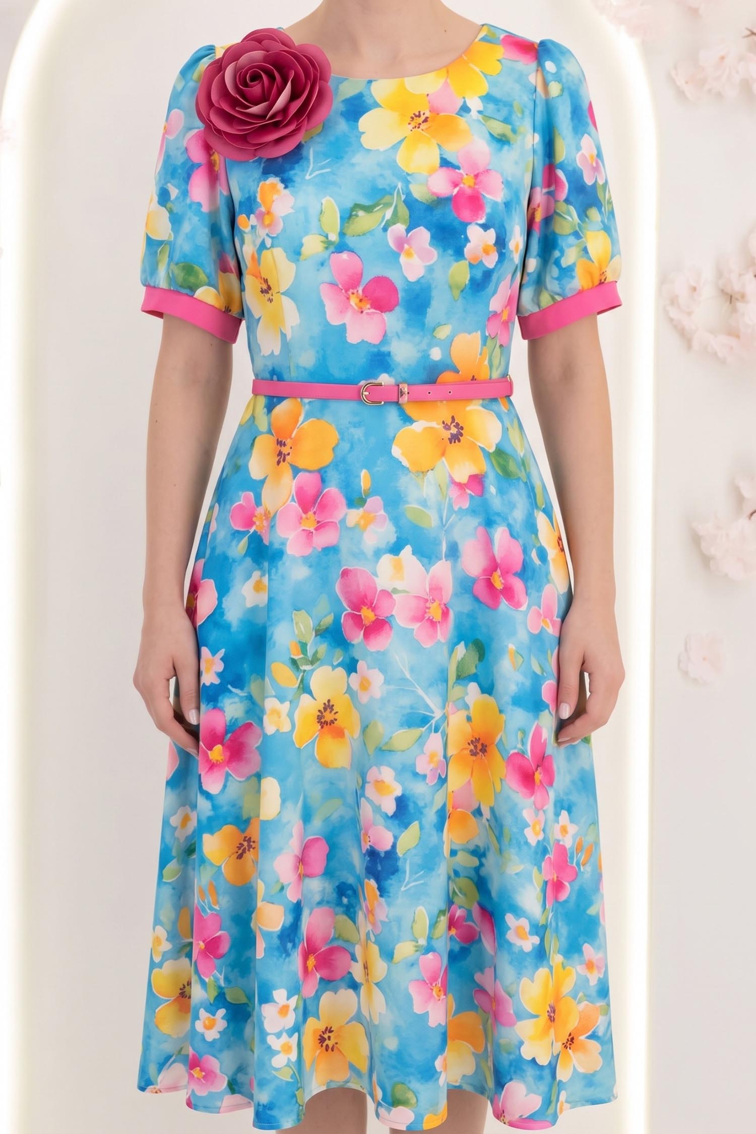 Rochie turcoaz midi in clos cu accesoriu tip curea si brosa florala - StarShinerS 4 - StarShinerS.ro