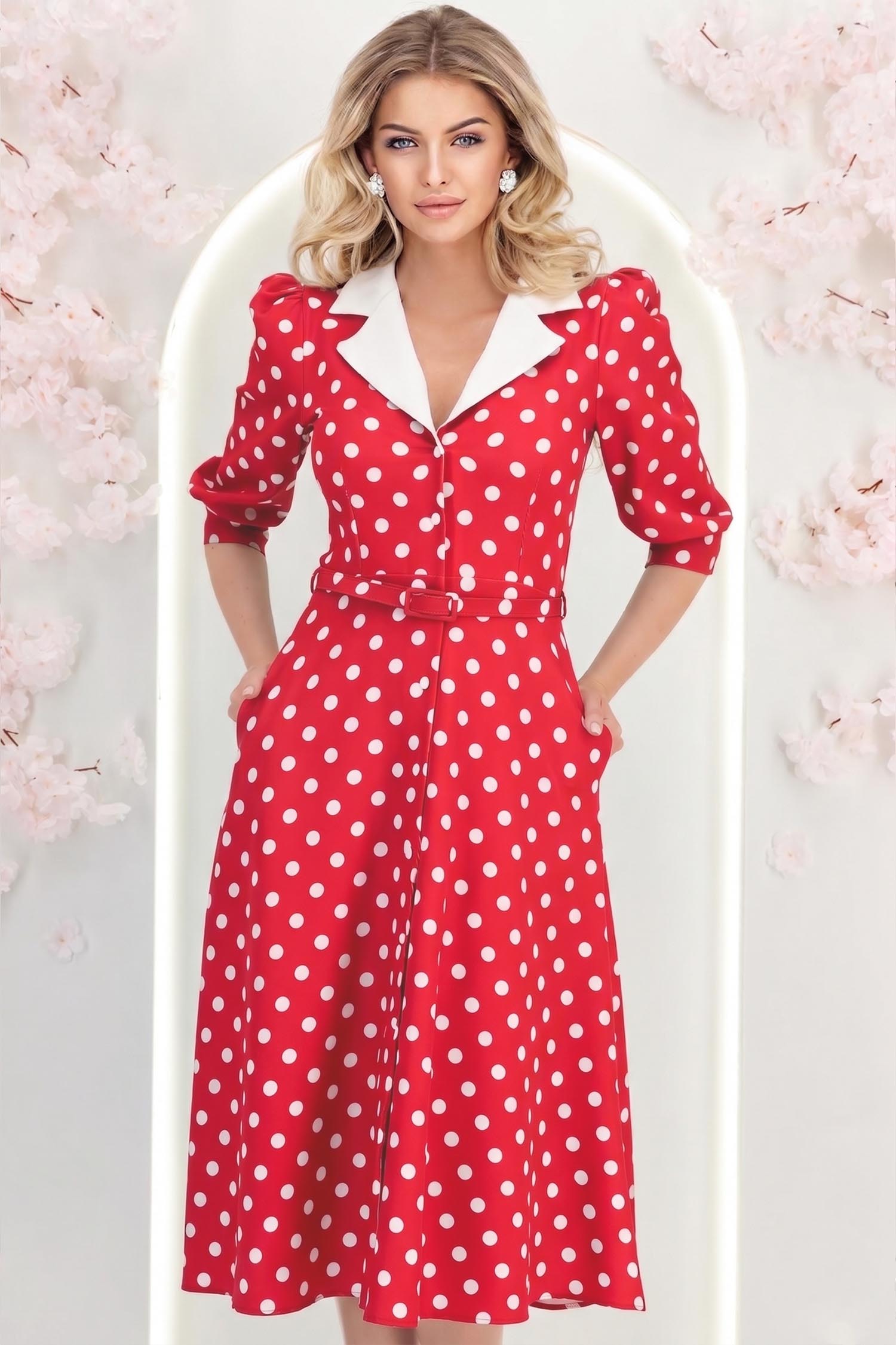 rochii dama midi Rochie rosie cu buline midi in clos cu accesoriu tip curea si buzunare - StarShinerS