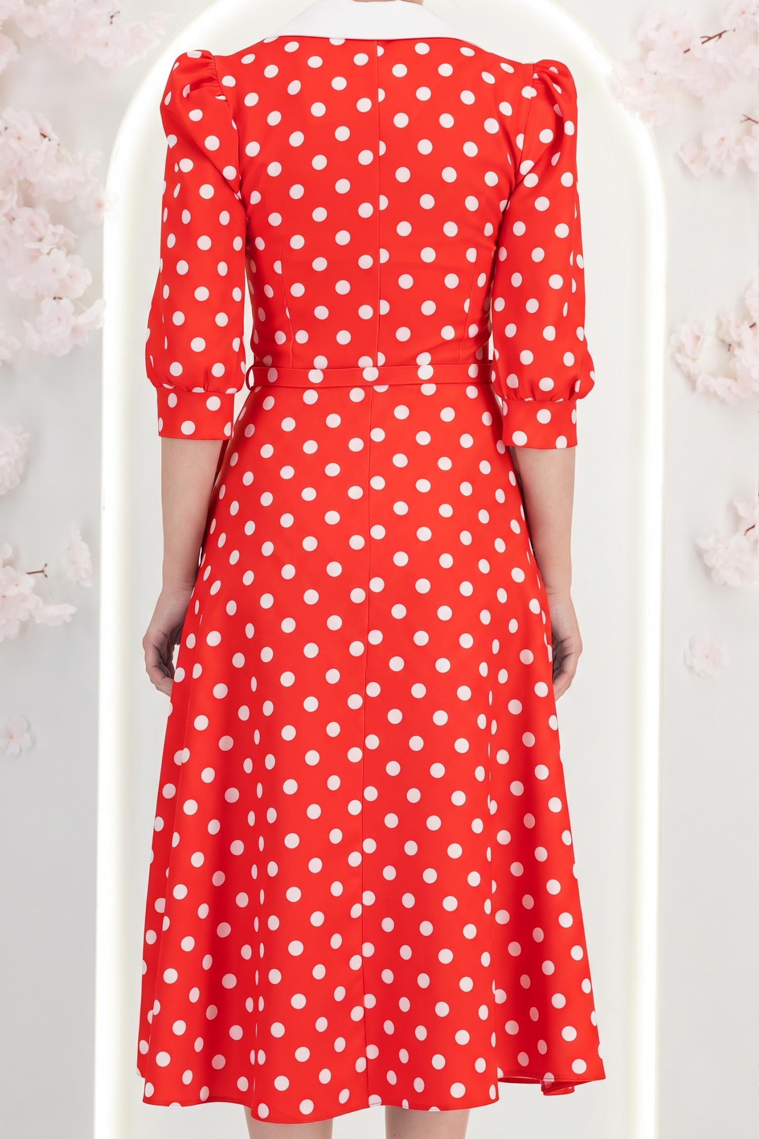 Rochie rosie cu buline midi in clos cu accesoriu tip curea si buzunare - StarShinerS 5 - StarShinerS.ro