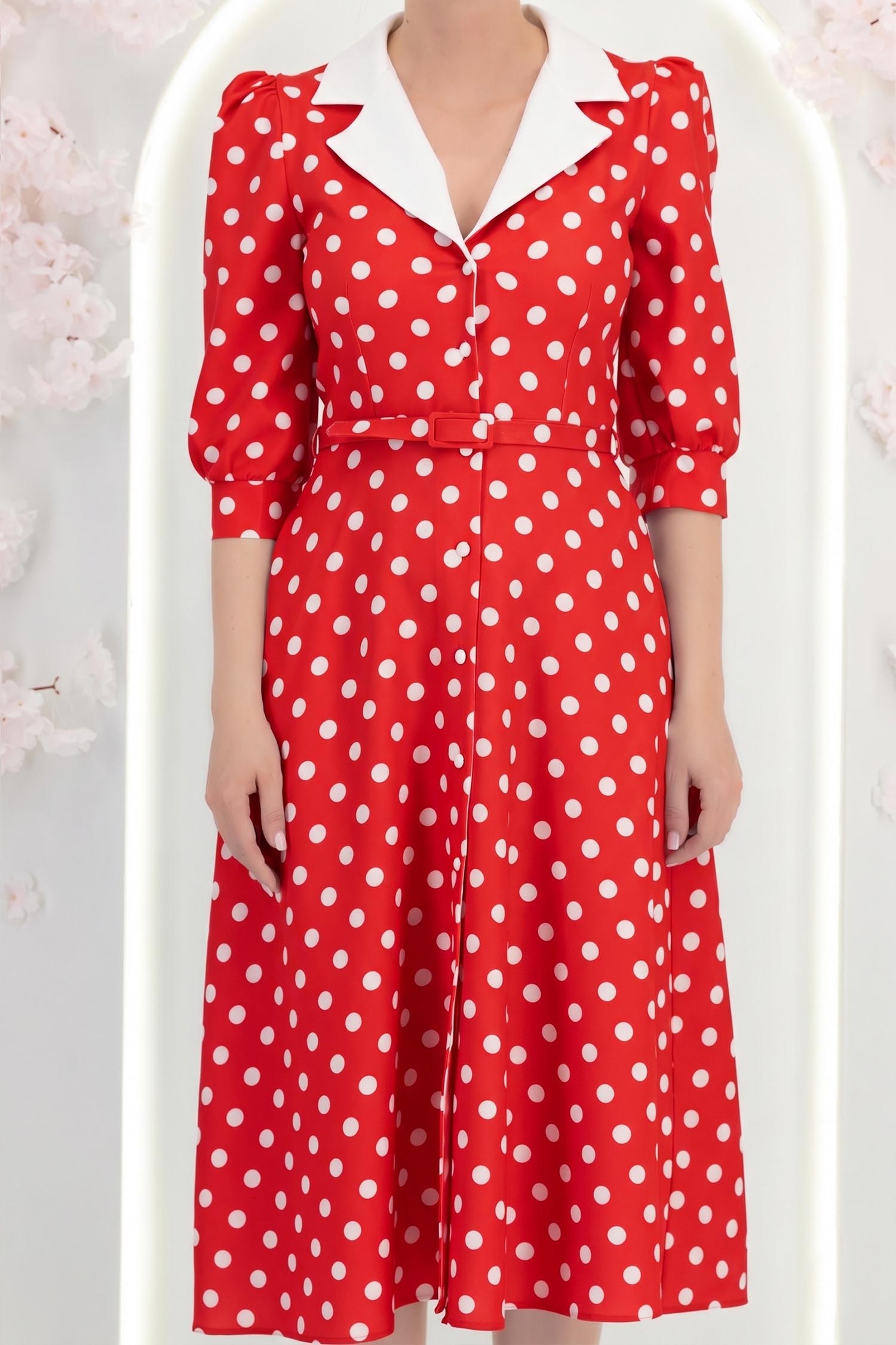 Rochie rosie cu buline midi in clos cu accesoriu tip curea si buzunare - StarShinerS 4 - StarShinerS.ro