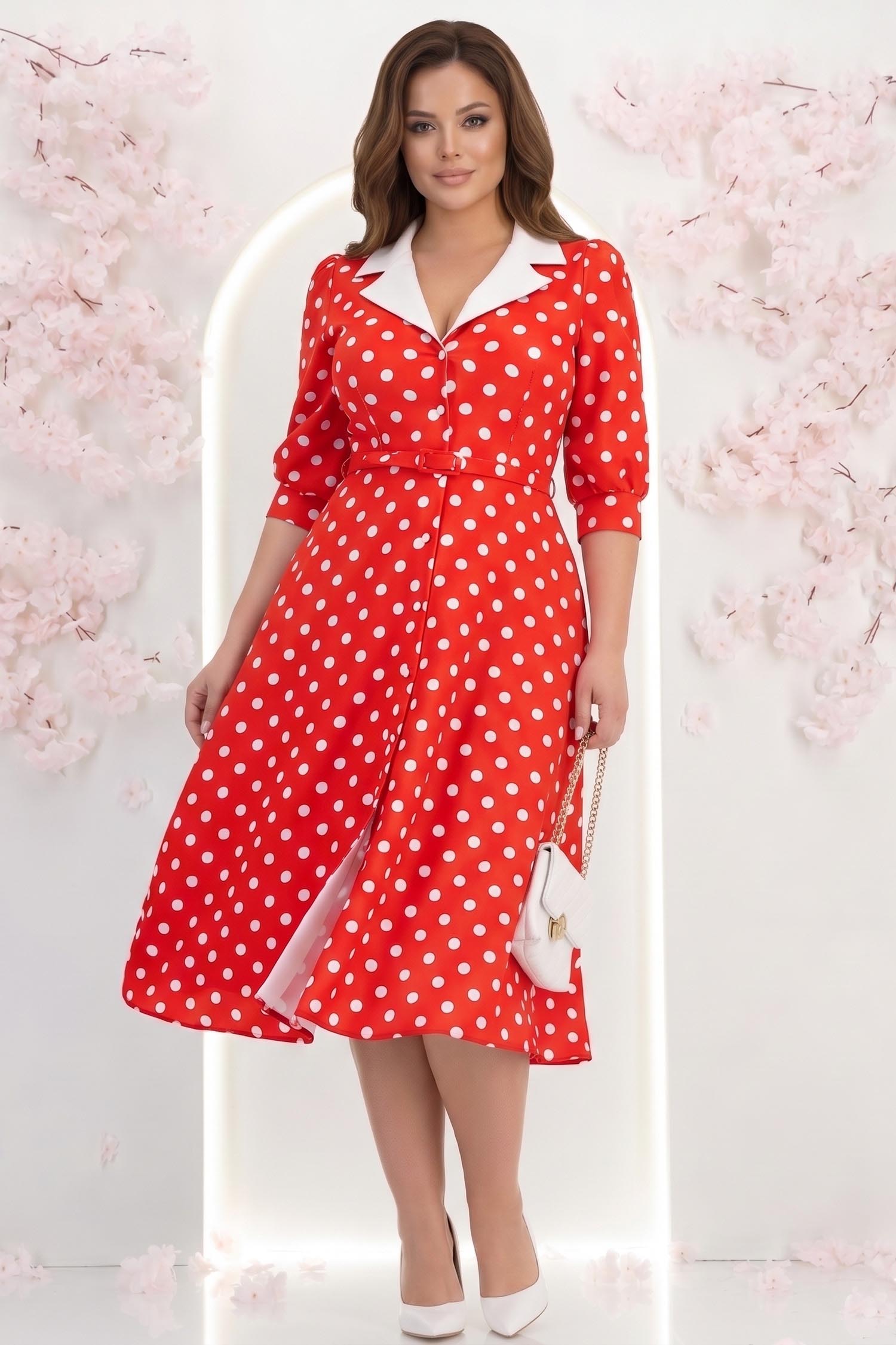 Rochie rosie cu buline midi in clos cu accesoriu tip curea si buzunare - StarShinerS 1 - StarShinerS.ro
