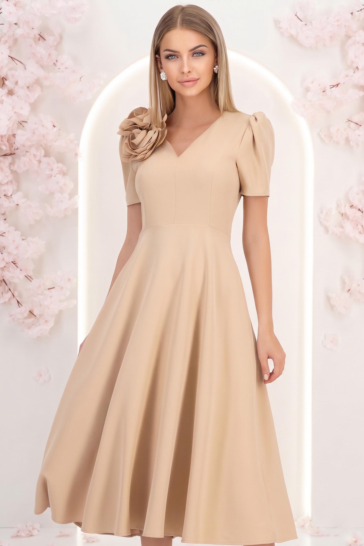 Rochie bej midi in clos accesorizata cu 2 brose 3D - StarShinerS 2 - StarShinerS.ro