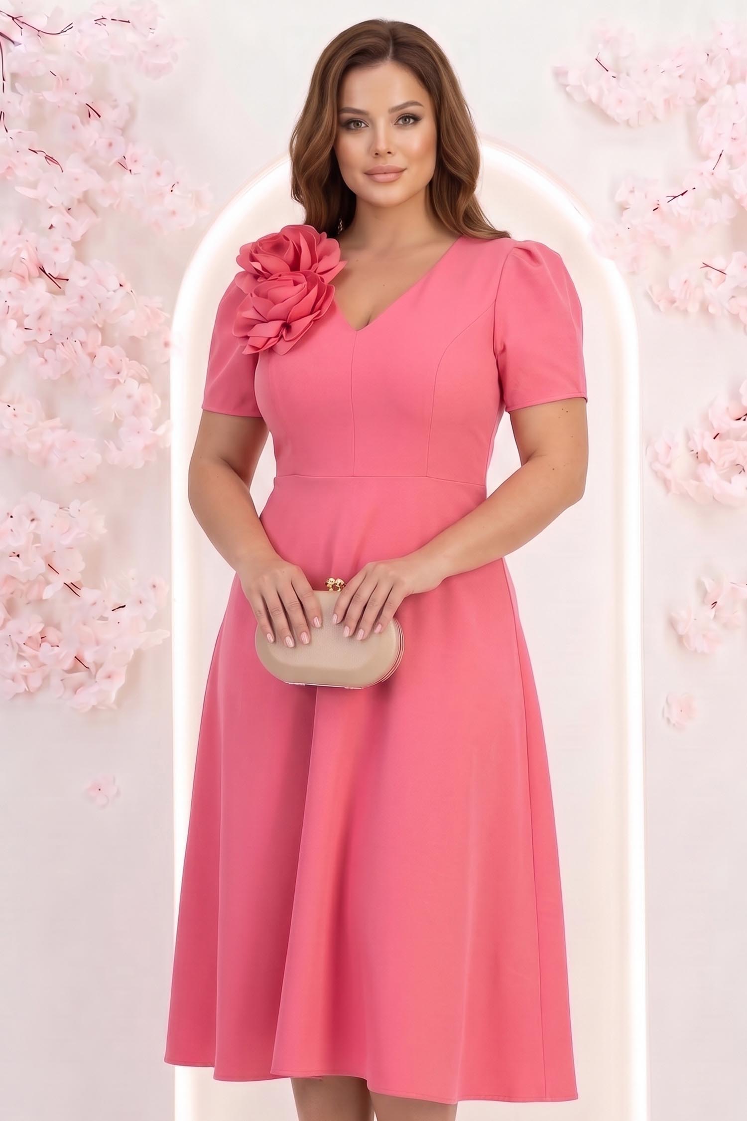 Rochie roz midi in clos accesorizata cu 2 brose 3D - StarShinerS 1 - StarShinerS.ro