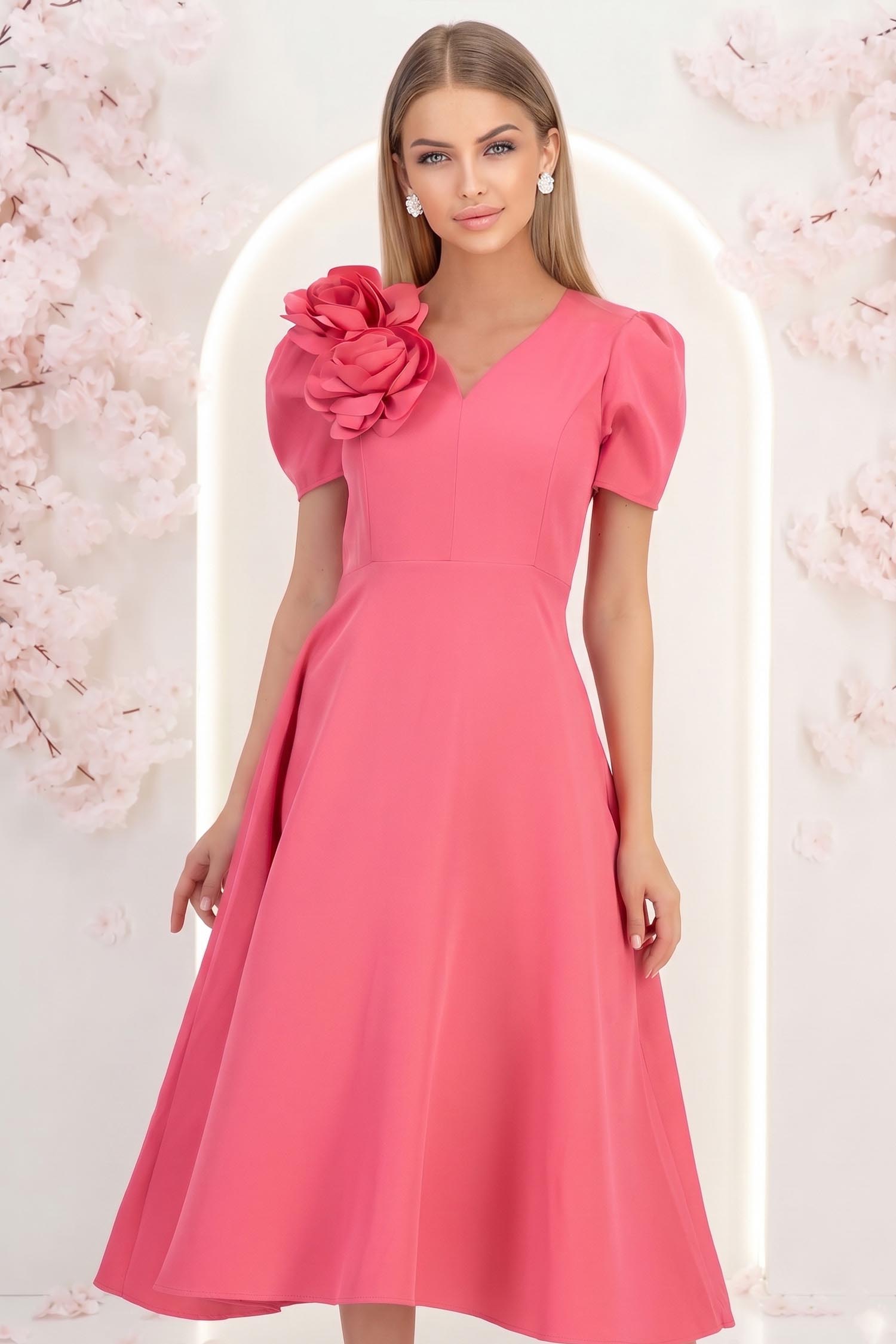 Rochie roz midi in clos accesorizata cu 2 brose 3D - StarShinerS 3 - StarShinerS.ro