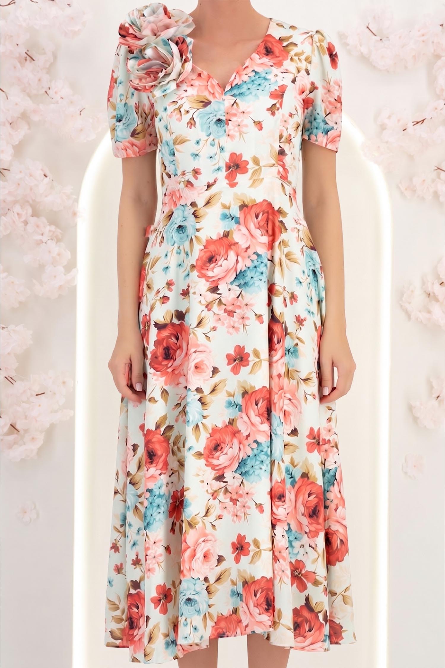 Rochie din voal bej midi in clos cu 2 brose florale maxi- StarShinerS 5 - StarShinerS.ro