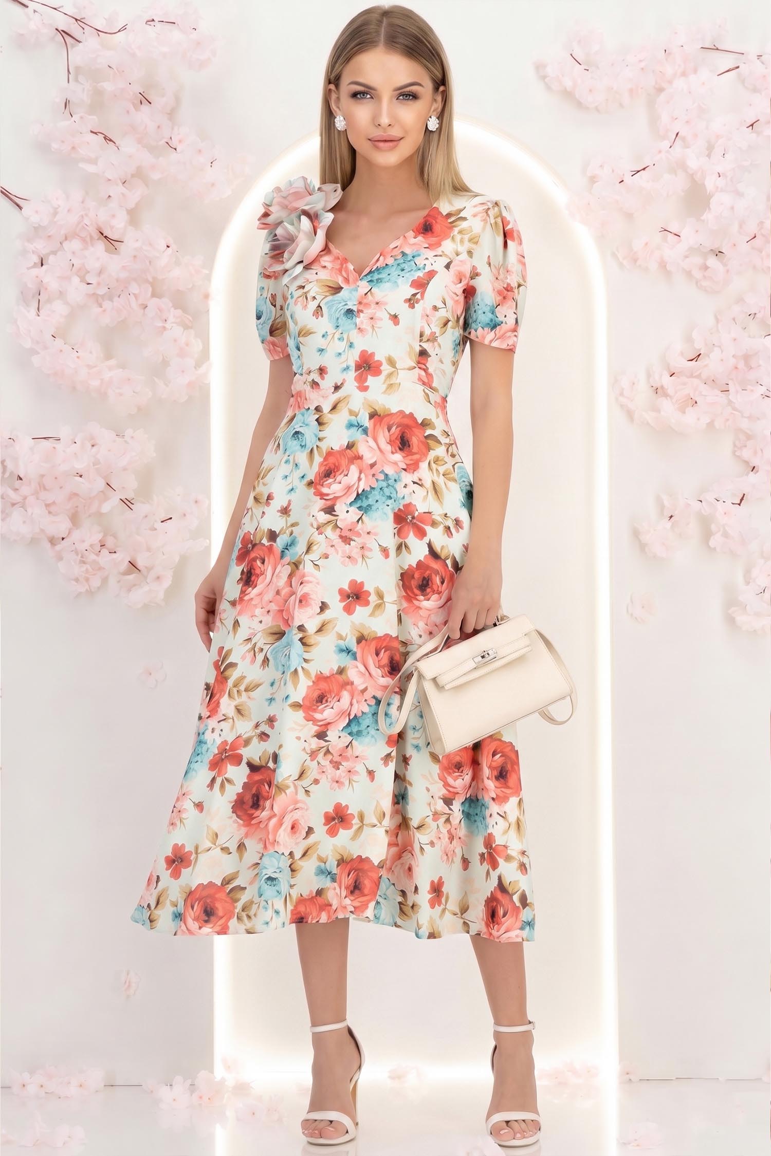 Rochie din voal bej midi in clos cu 2 brose florale maxi- StarShinerS 3 - StarShinerS.ro