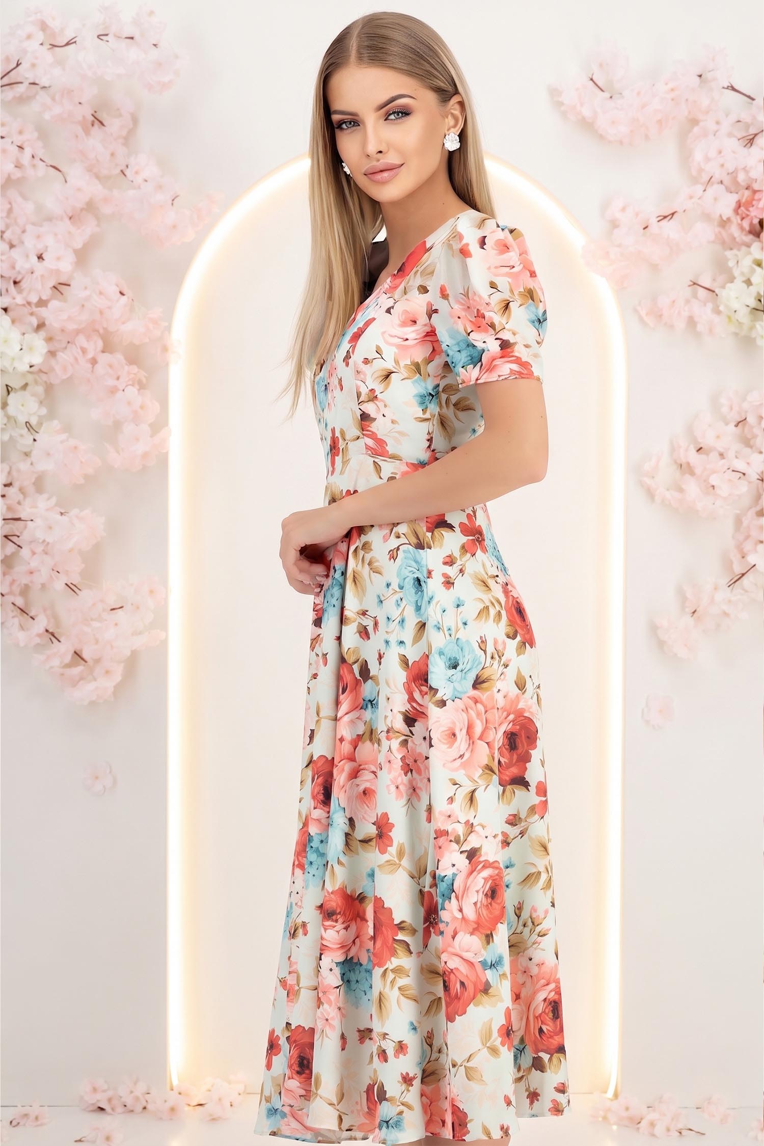 Rochie din voal bej midi in clos cu 2 brose florale maxi- StarShinerS 2 - StarShinerS.ro