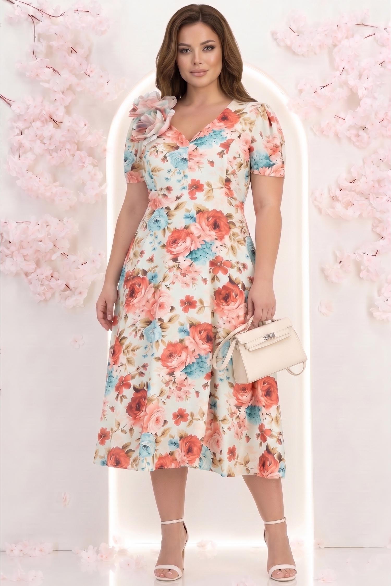 Rochie din voal bej midi in clos cu 2 brose florale maxi- StarShinerS 1 - StarShinerS.ro