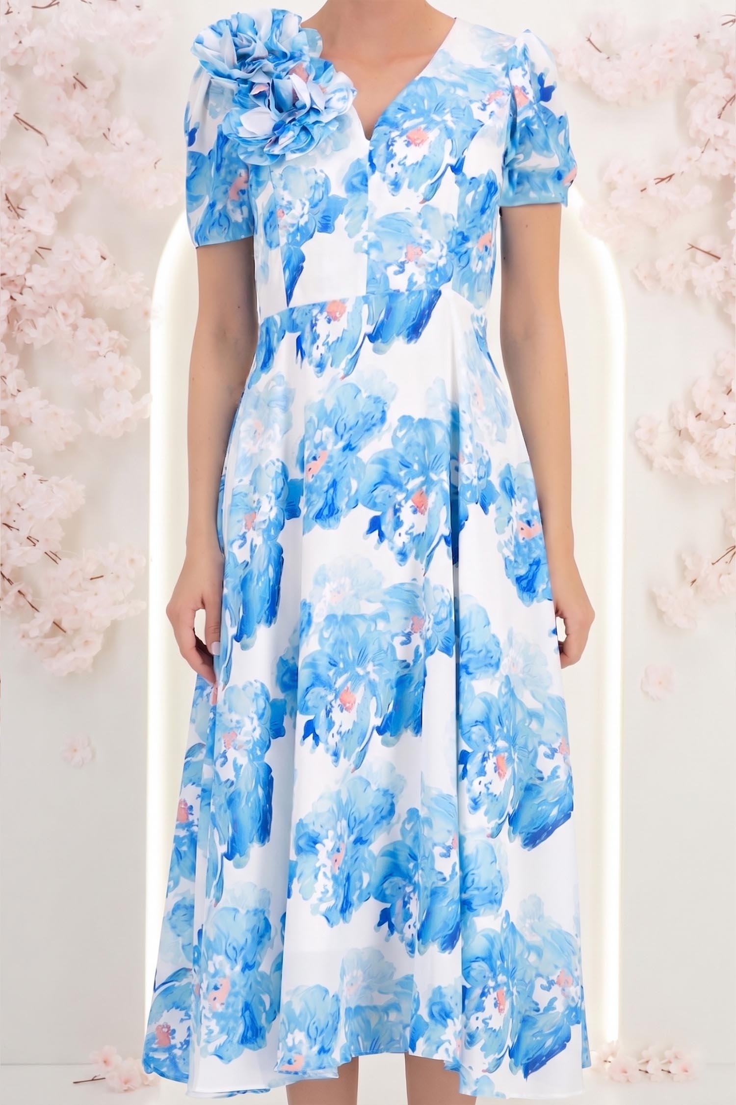 Rochie din voal albastra midi in clos cu 2 brose florale maxi - StarShinerS 5 - StarShinerS.ro