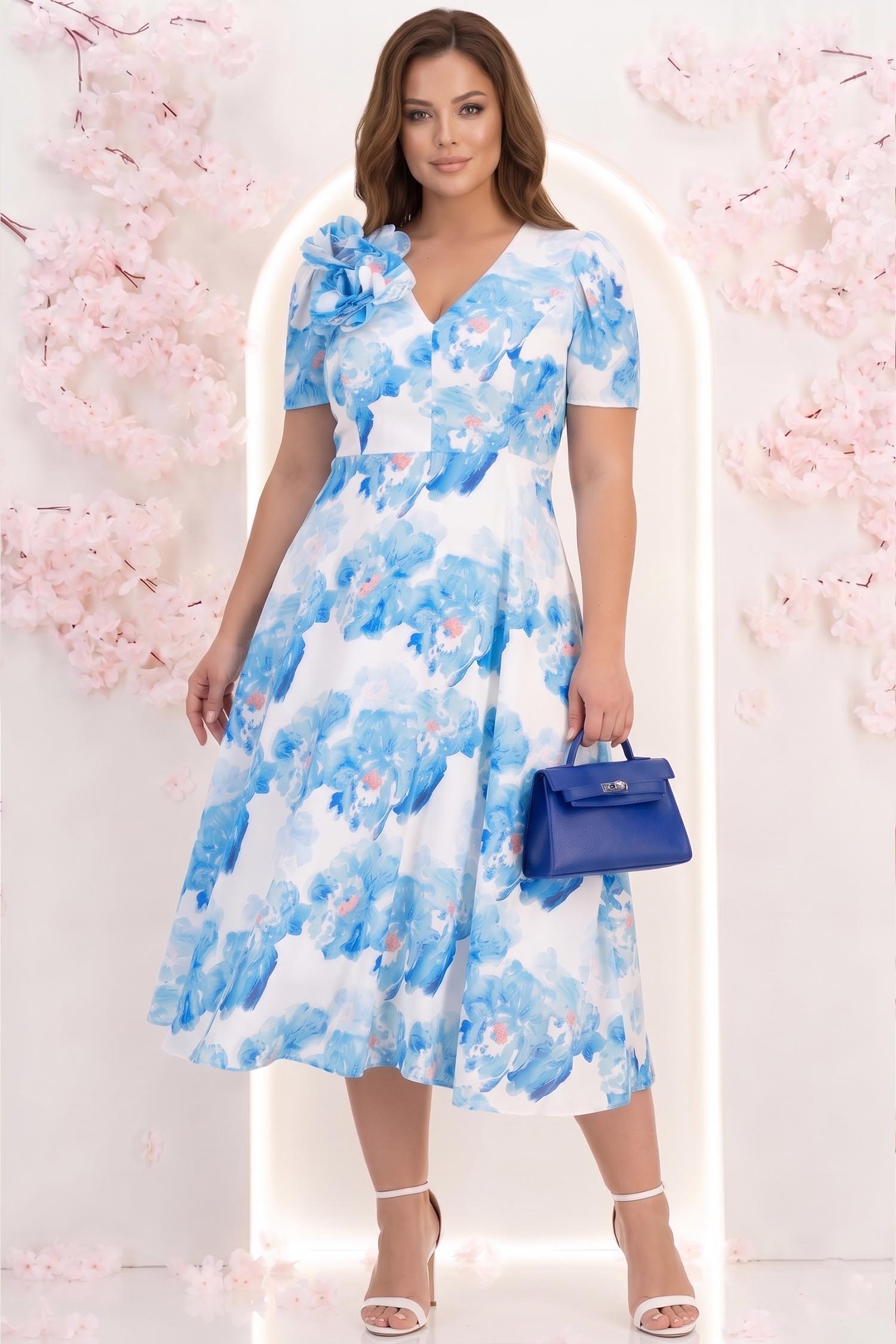 Rochie din voal albastra midi in clos cu 2 brose florale maxi - StarShinerS 1 - StarShinerS.ro