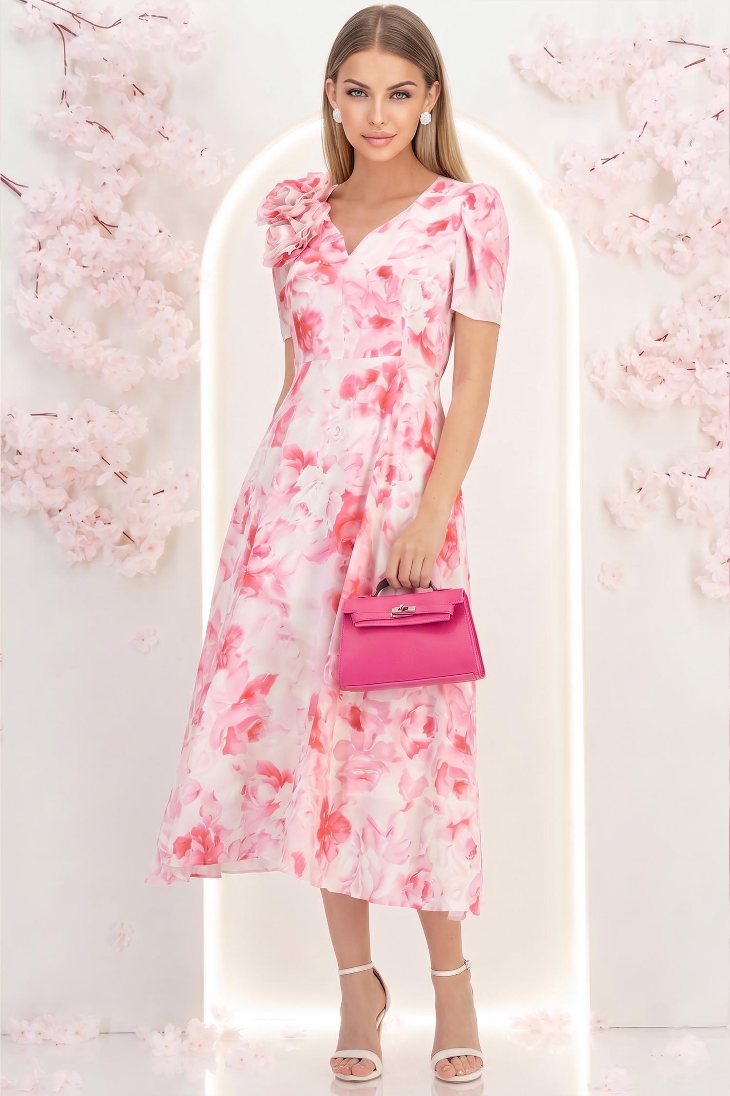 Rochie din voal roz midi in clos cu 2 brose florale maxi- StarShinerS 3 - StarShinerS.ro