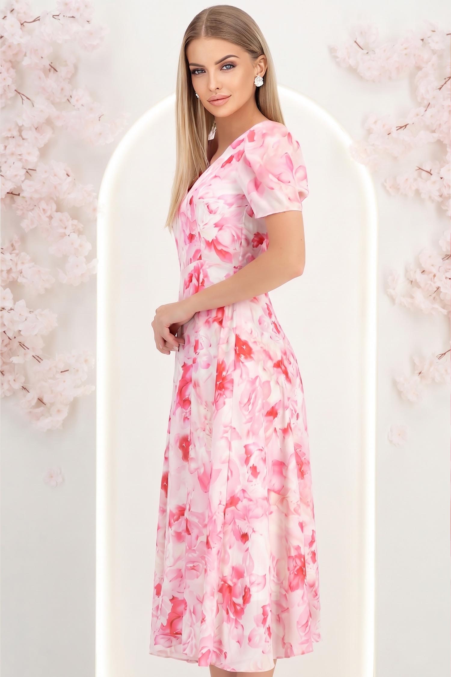 Rochie din voal roz midi in clos cu 2 brose florale maxi- StarShinerS 2 - StarShinerS.ro