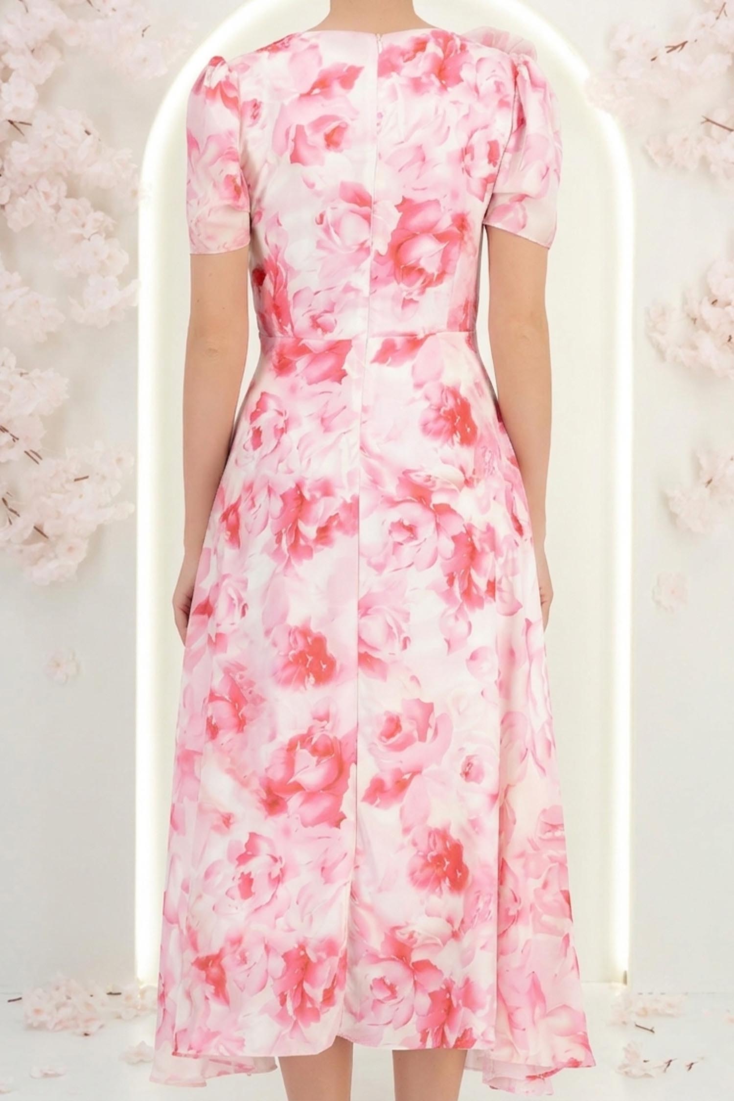 Rochie din voal roz midi in clos cu 2 brose florale maxi- StarShinerS 6 - StarShinerS.ro