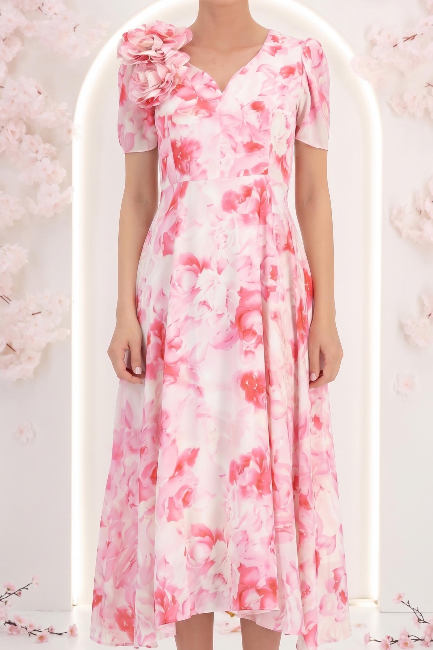 Rochie din voal roz midi in clos cu 2 brose florale maxi- StarShinerS 5 - StarShinerS.ro