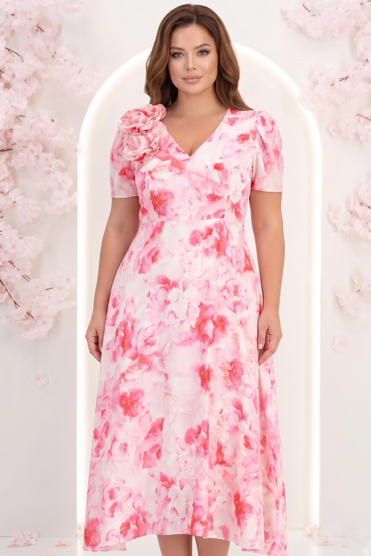 Rochie din voal roz midi in clos cu 2 brose florale maxi- StarShinerS 1 - StarShinerS.ro
