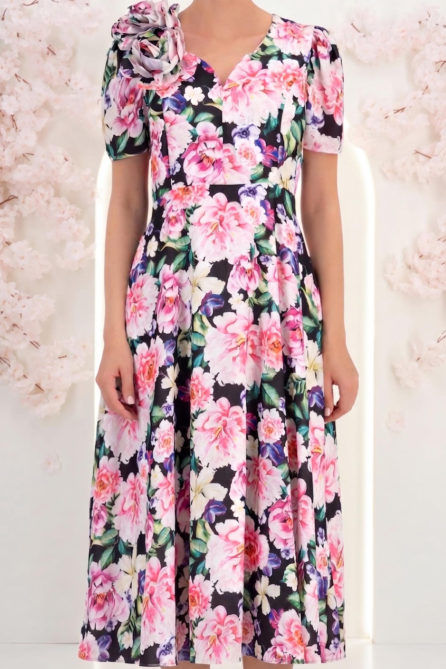 Rochie din voal multicolora midi in clos cu 2 brose florale maxi- StarShinerS 4 - StarShinerS.ro