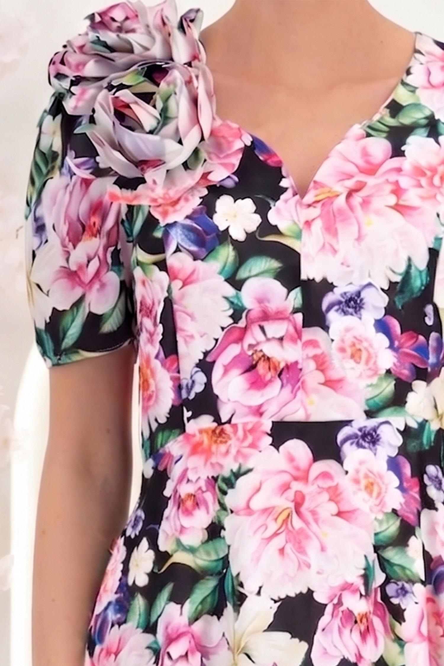 Rochie din voal multicolora midi in clos cu 2 brose florale maxi- StarShinerS 3 - StarShinerS.ro