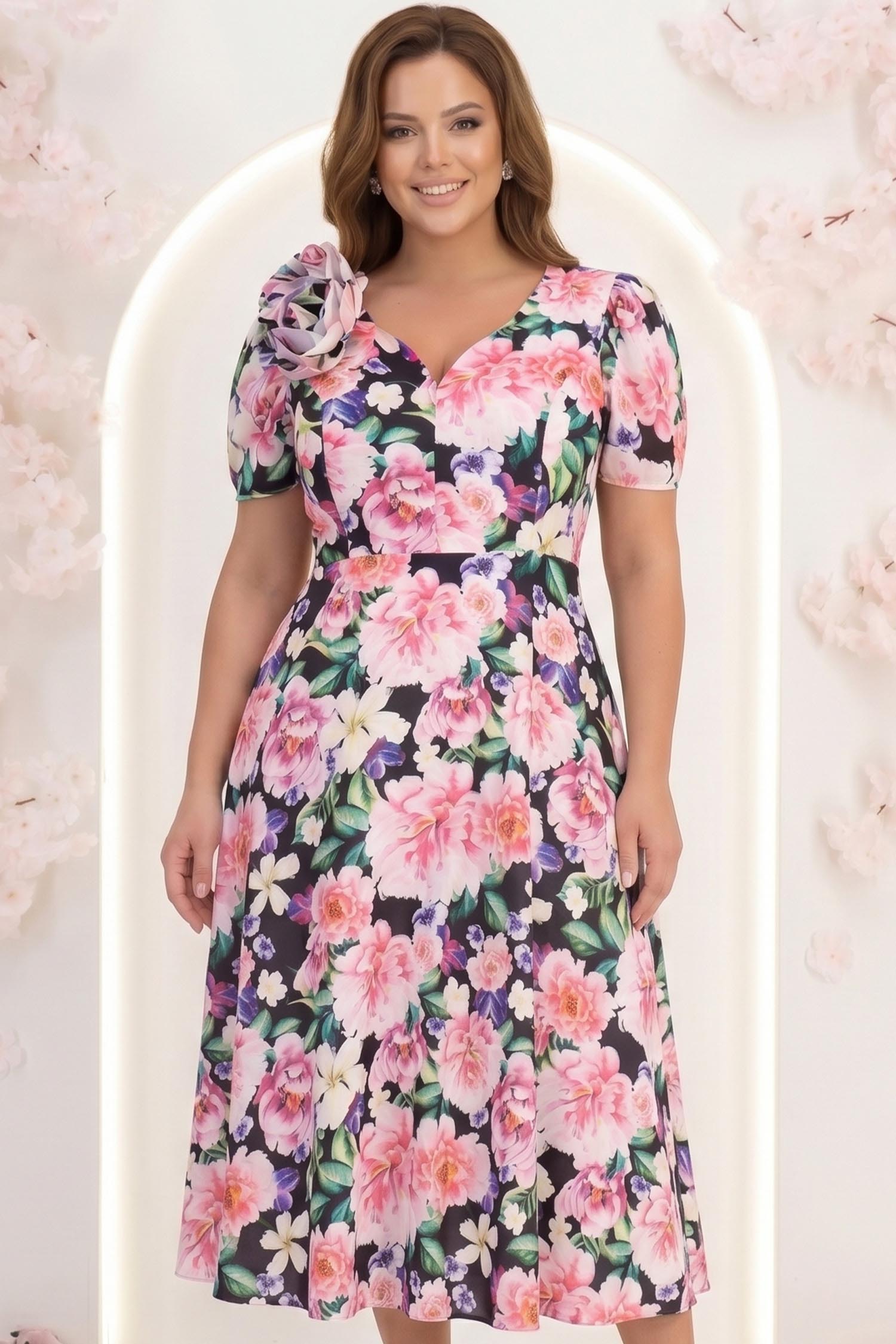 Rochie din voal multicolora midi in clos cu 2 brose florale maxi- StarShinerS 1 - StarShinerS.ro