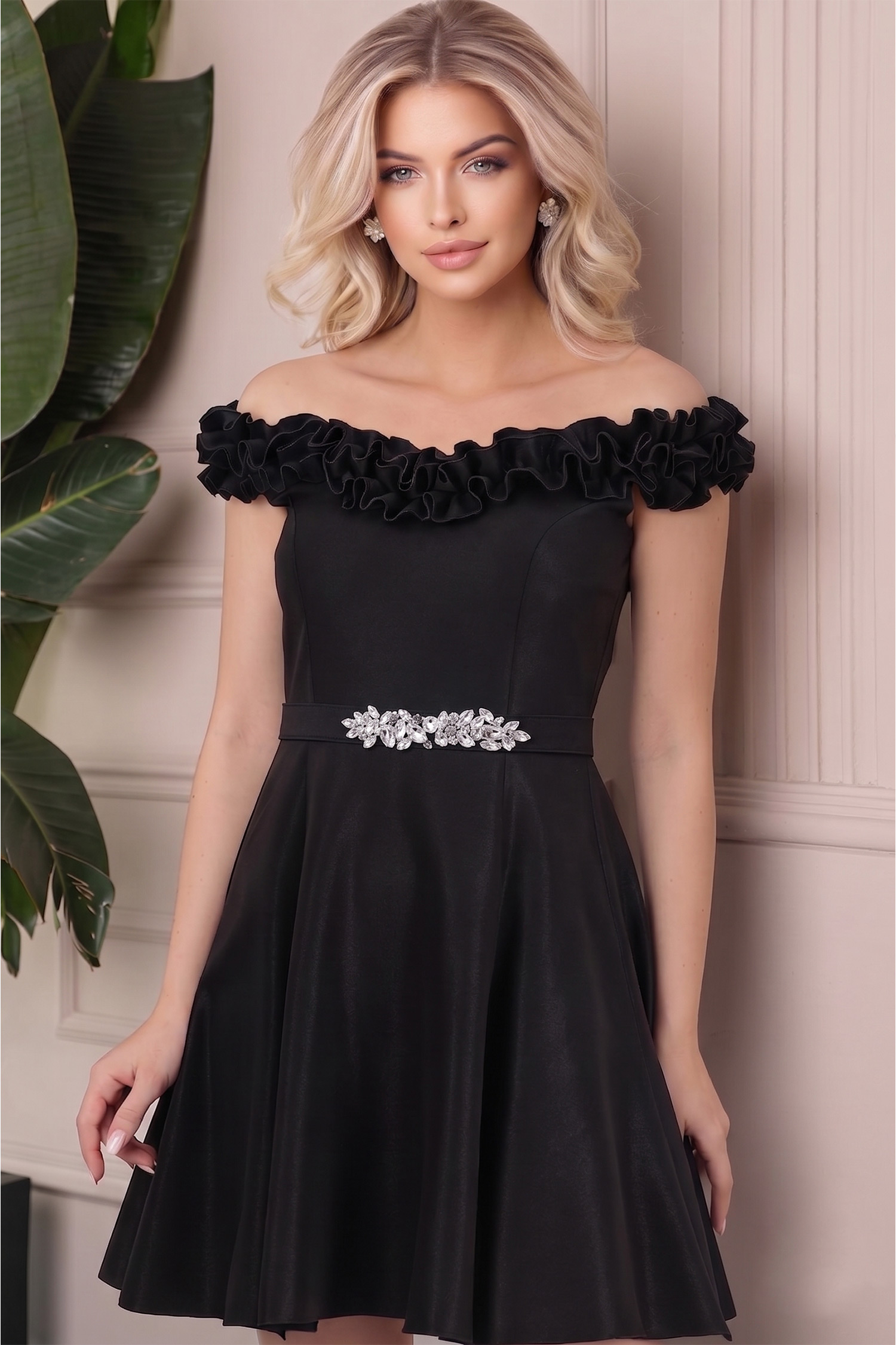 Rochie neagra cu sclipici scurta in clos cu volanase - StarShinerS 3 - StarShinerS.ro