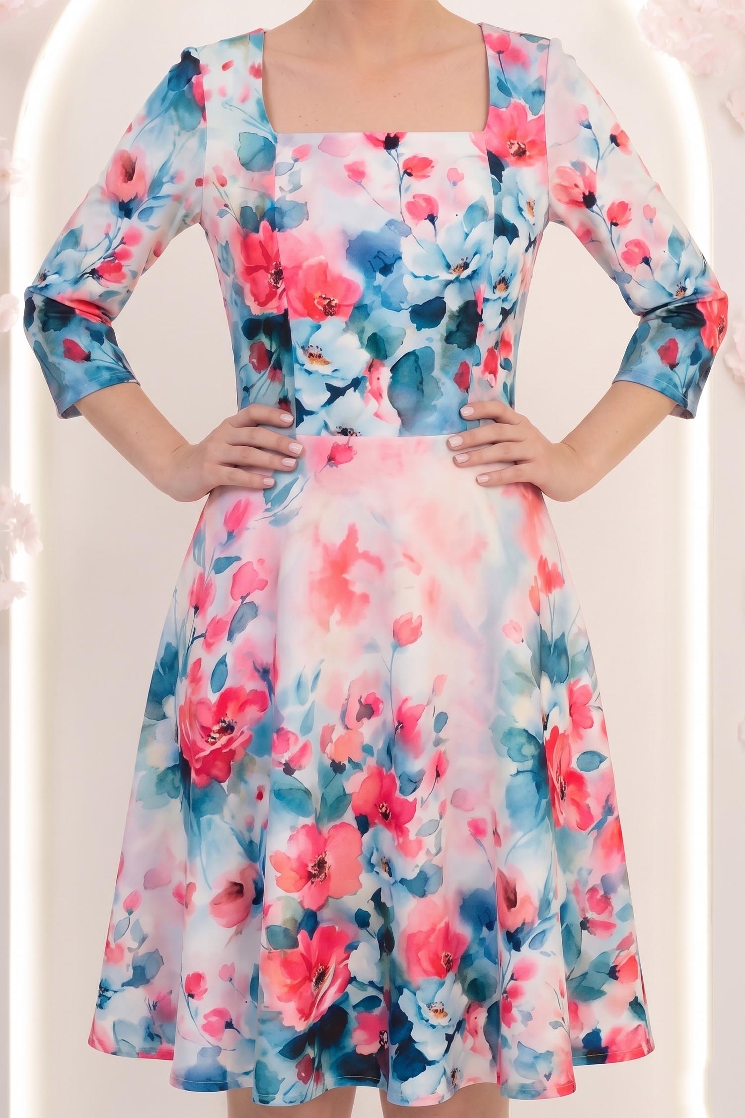Rochie albastru-deschis până la genunchi in clos cu imprimeu floral - StarShinerS 3 - StarShinerS.ro