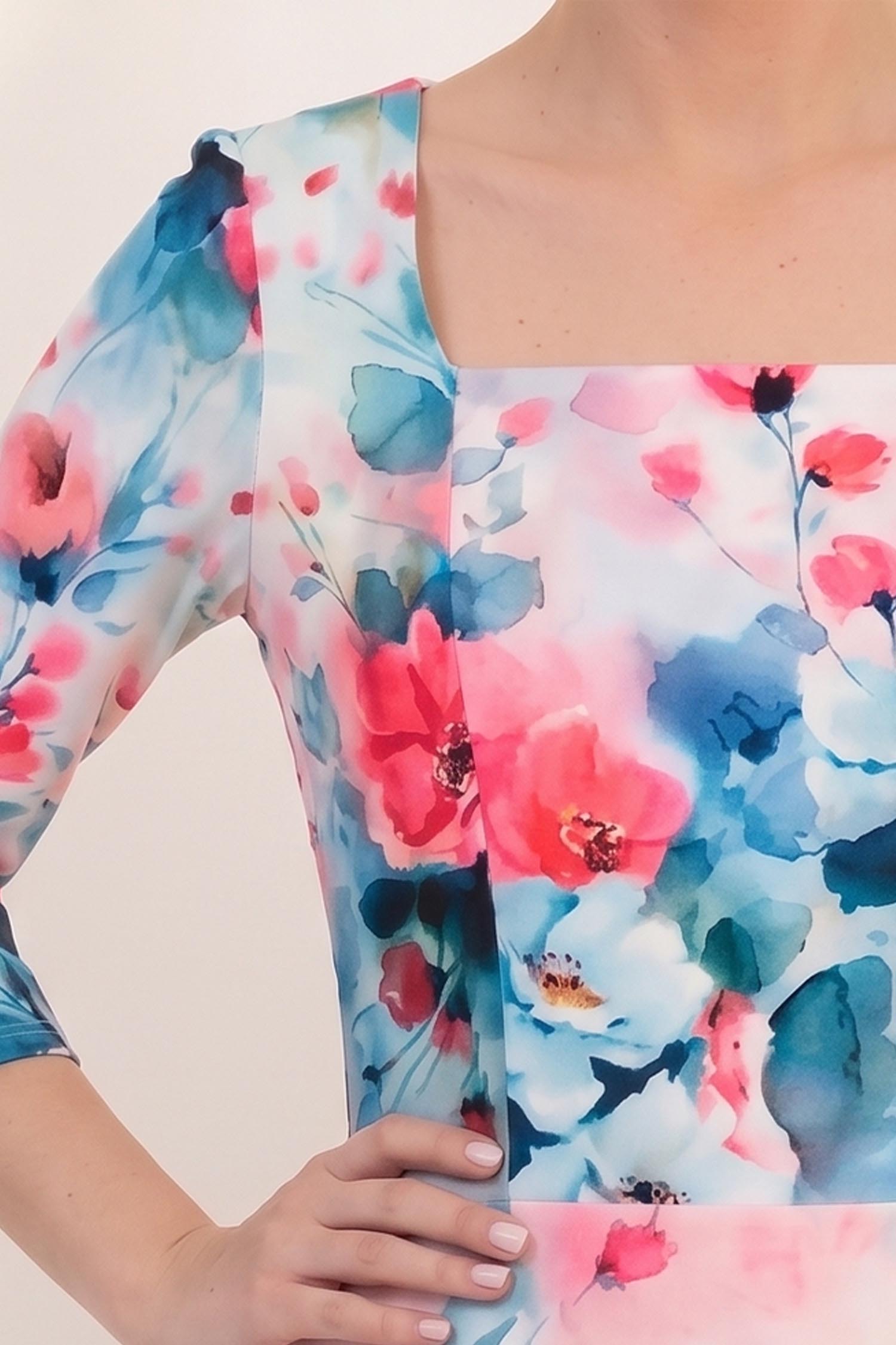 Rochie albastru-deschis până la genunchi in clos cu imprimeu floral - StarShinerS 4 - StarShinerS.ro