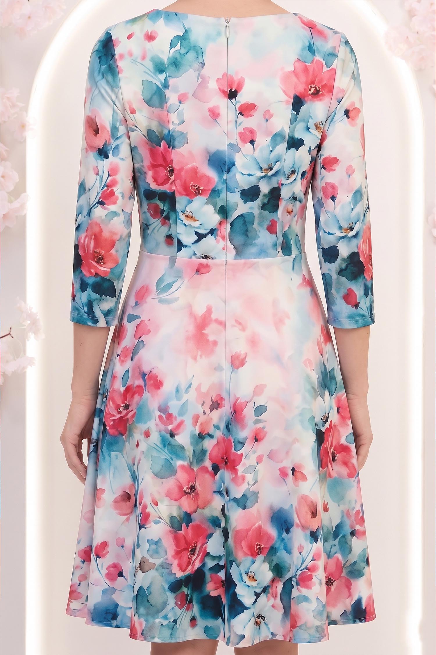 Rochie albastru-deschis până la genunchi in clos cu imprimeu floral - StarShinerS 5 - StarShinerS.ro