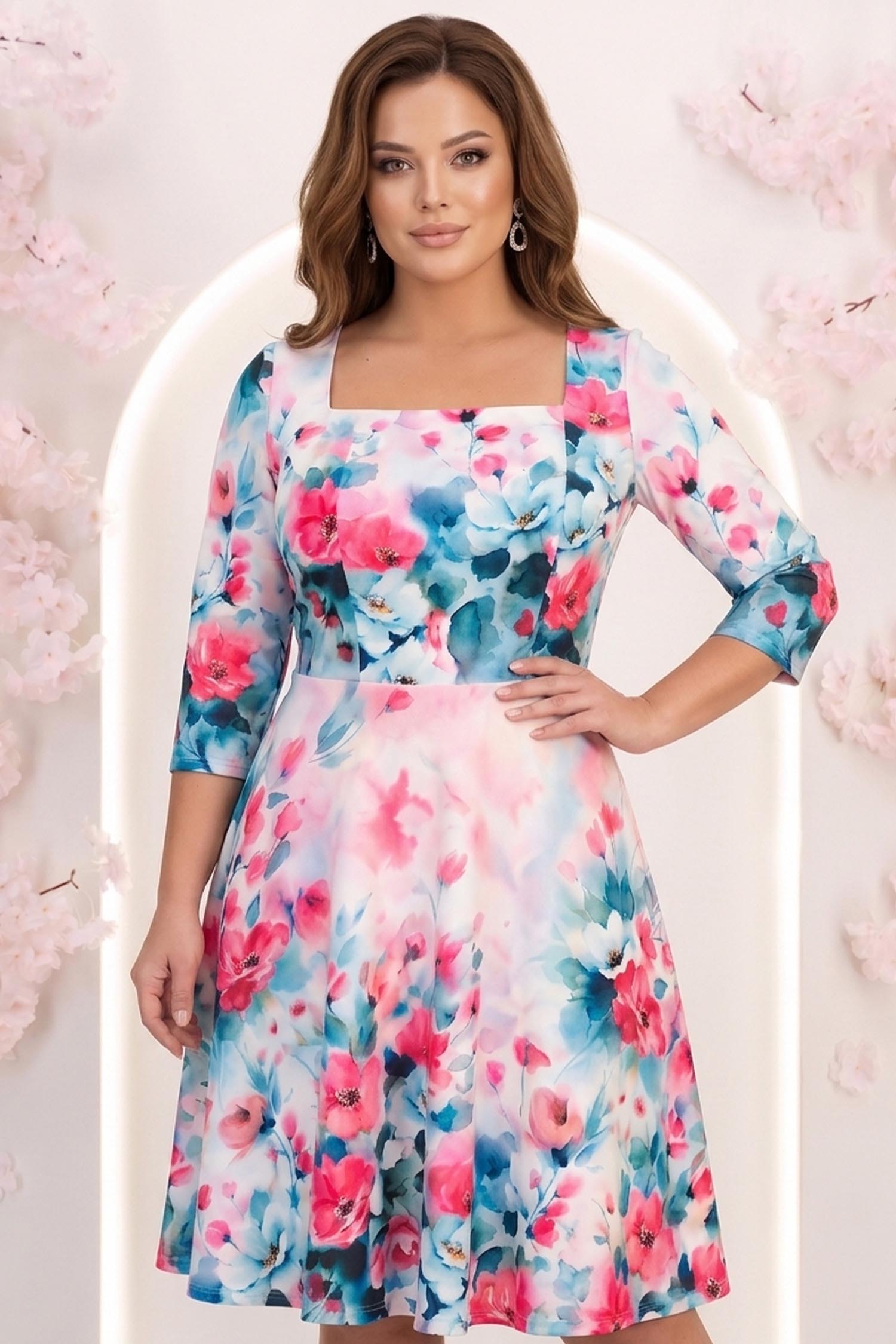 Rochie albastru-deschis până la genunchi in clos cu imprimeu floral - StarShinerS 1 - StarShinerS.ro