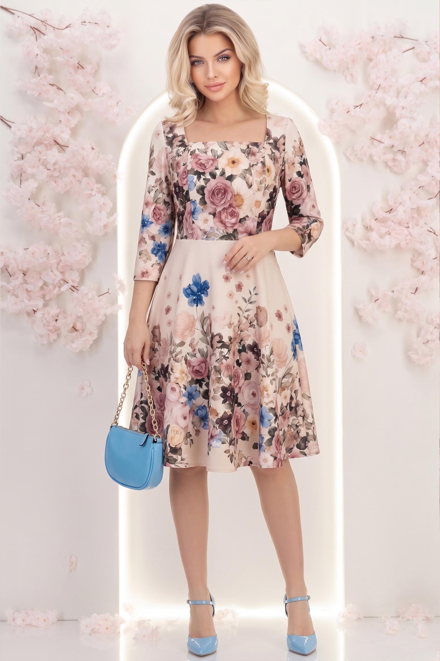 Rochie până la genunchi roz pudra in clos cu imprimeu floral - StarShinerS 3 - StarShinerS.ro