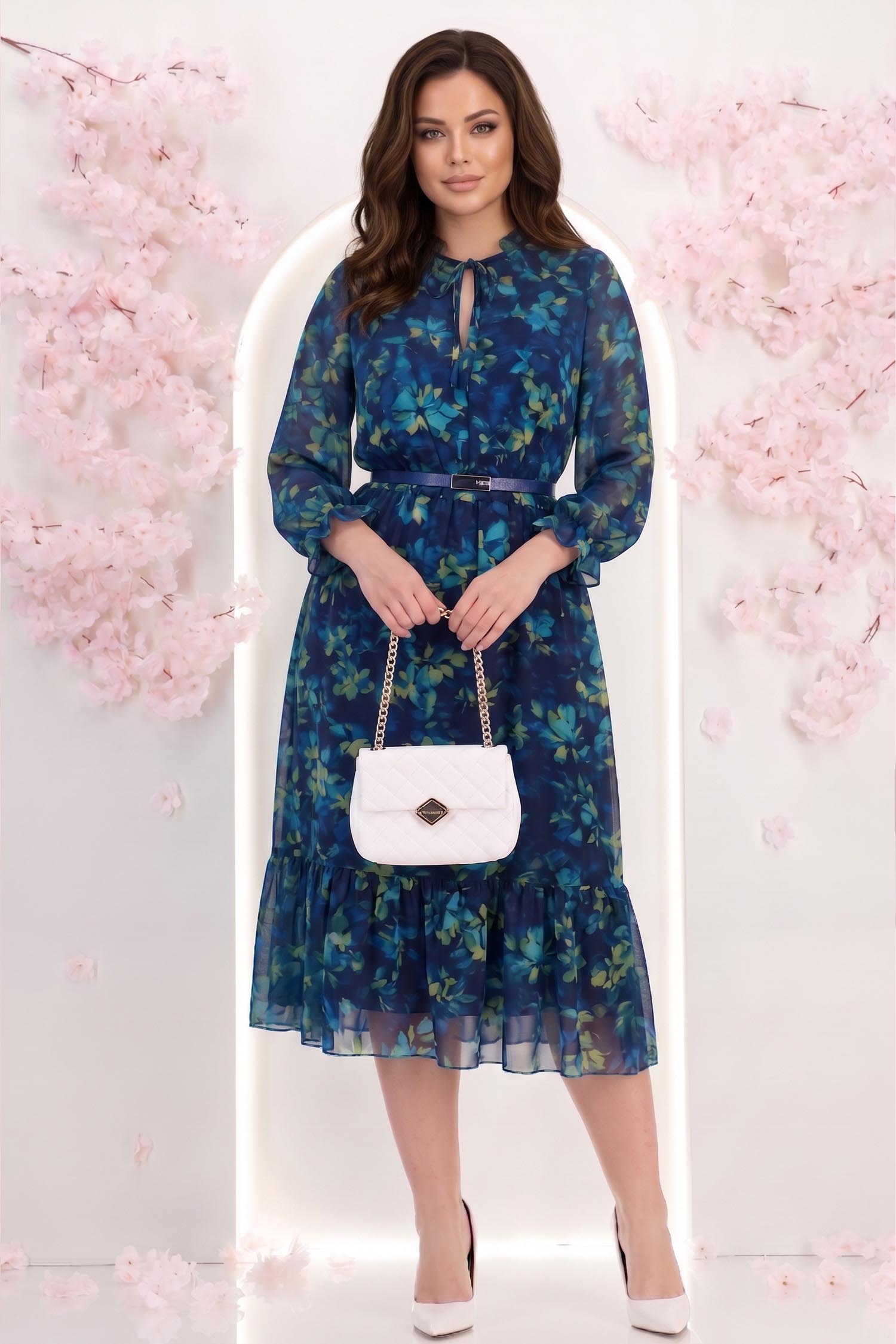 Rochie bleumarin floral midi in clos cu elastic in talie si curea detasabila - StarShinerS 1 - StarShinerS.ro
