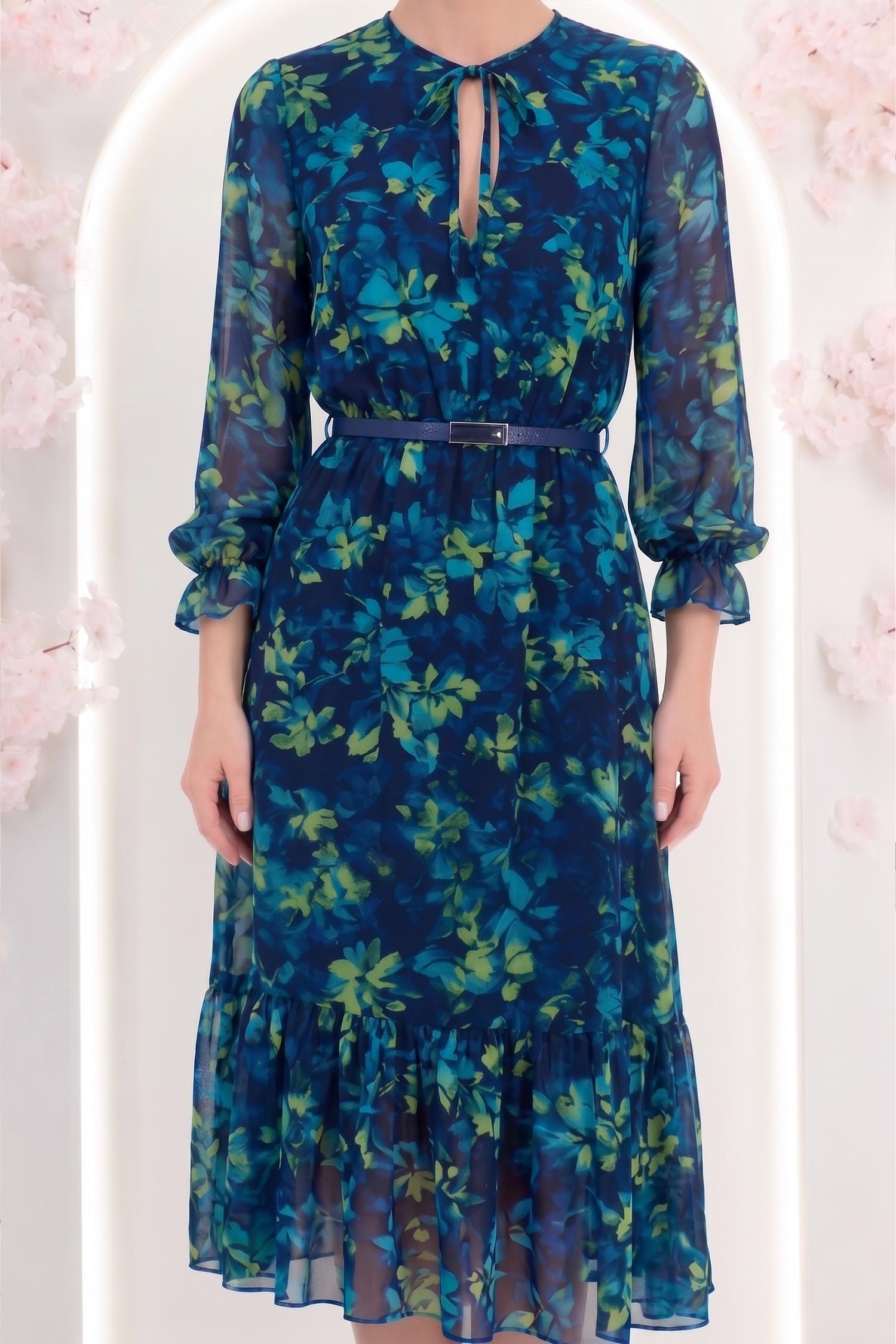 Rochie din viscoza bleumarin floral midi in clos cu elastic in talie si curea detasabila - StarShinerS 5 - StarShinerS.ro