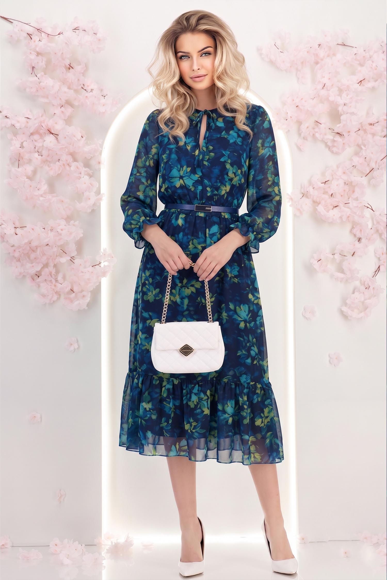 Rochie din viscoza bleumarin floral midi in clos cu elastic in talie si curea detasabila - StarShinerS 3 - StarShinerS.ro
