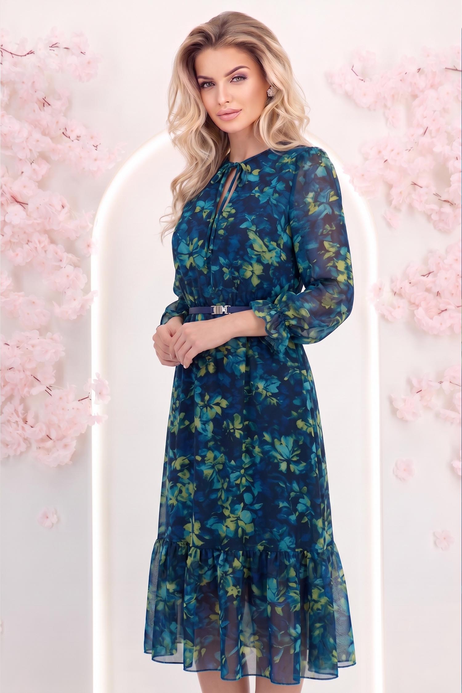 Rochie din viscoza bleumarin floral midi in clos cu elastic in talie si curea detasabila - StarShinerS 2 - StarShinerS.ro