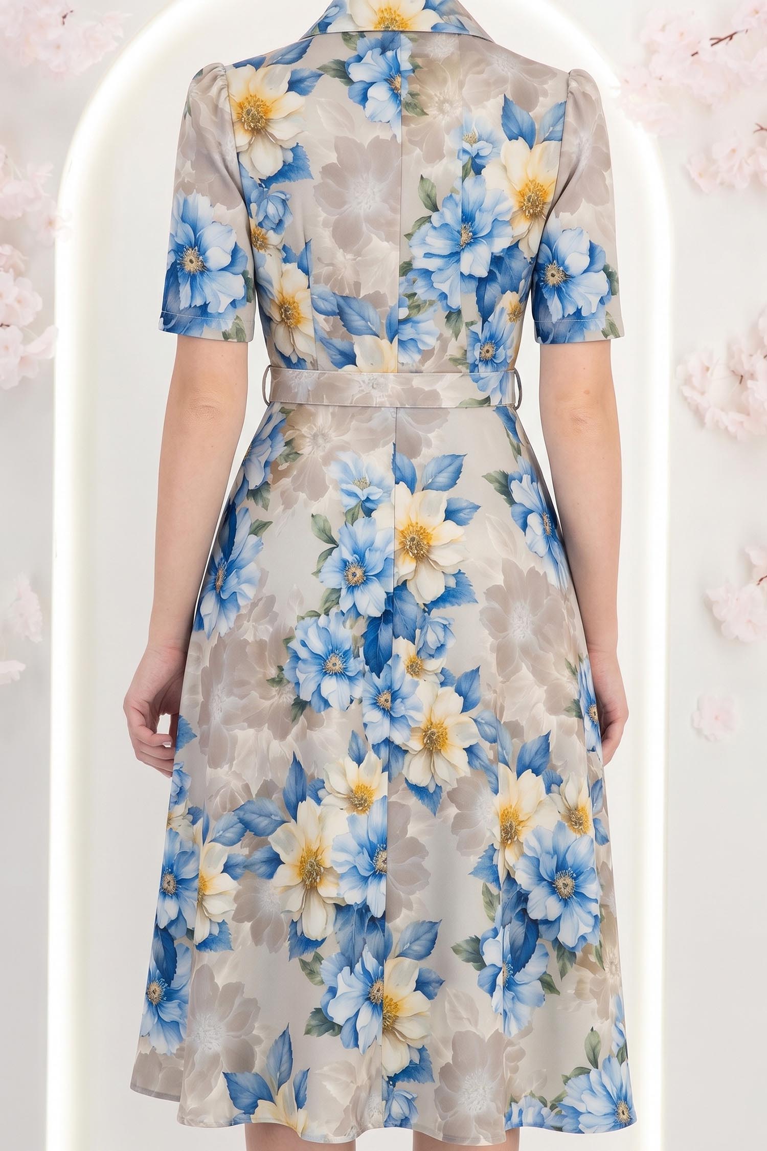 Rochie albastra midi in clos cu imprimeu floral si curea- StarShinerS 6 - StarShinerS.ro