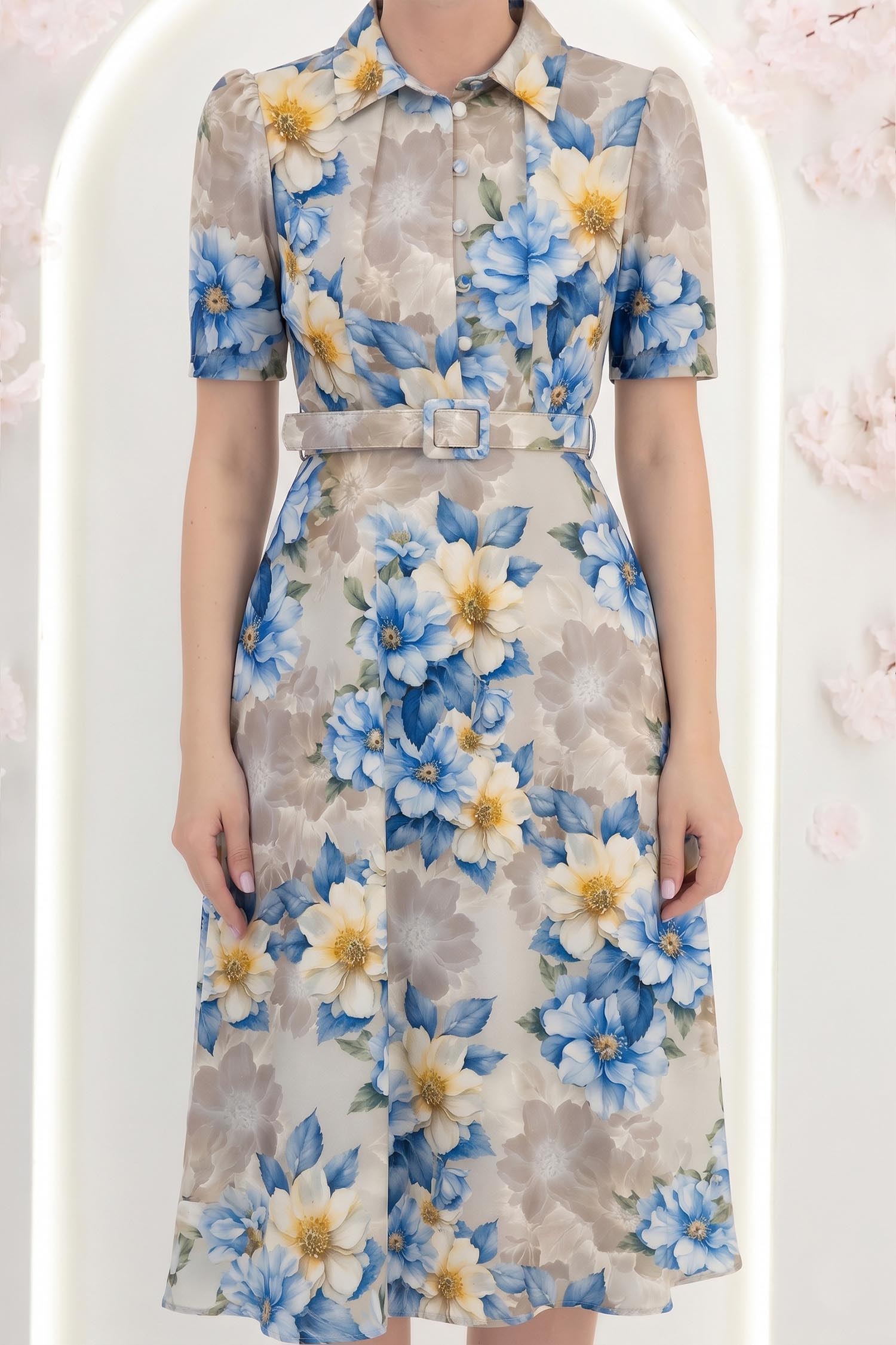 Rochie albastra midi in clos cu imprimeu floral si curea- StarShinerS 5 - StarShinerS.ro
