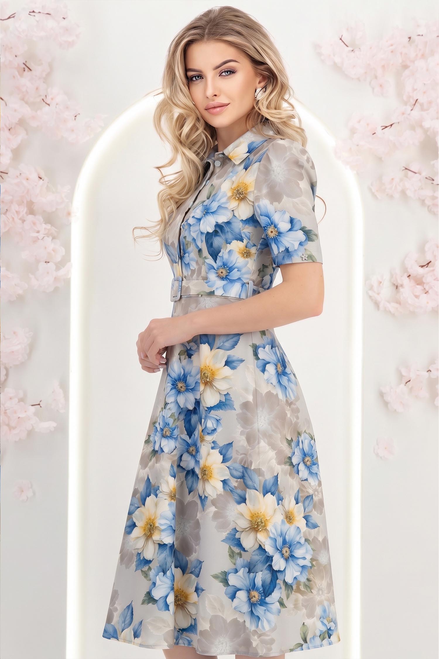 Rochie albastra midi in clos cu imprimeu floral si curea- StarShinerS 2 - StarShinerS.ro
