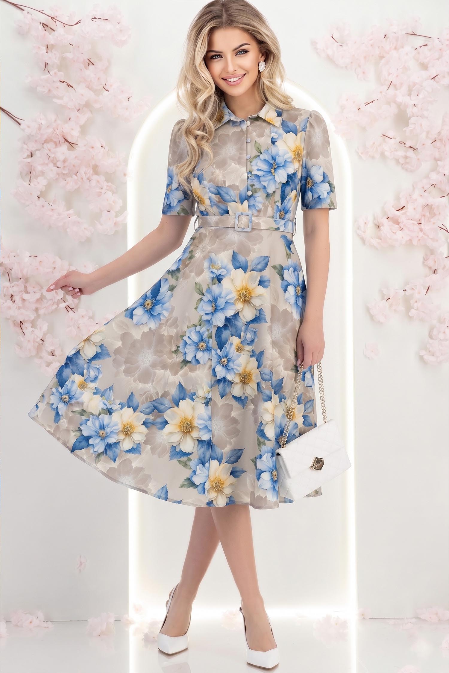 Rochie albastra midi in clos cu imprimeu floral si curea- StarShinerS 3 - StarShinerS.ro