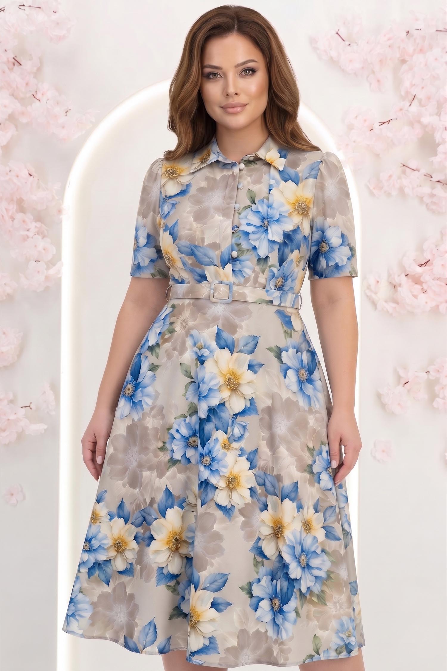 Rochie albastra midi in clos cu imprimeu floral si curea- StarShinerS 1 - StarShinerS.ro