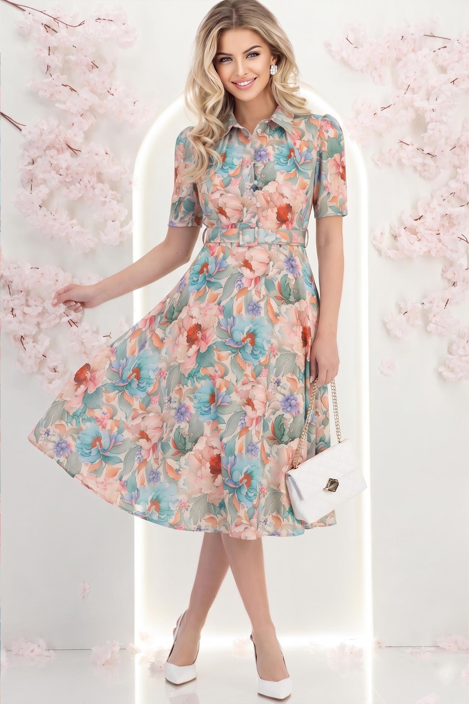 Rochie mint midi in clos cu imprimeu floral si curea- StarShinerS 3 - StarShinerS.ro