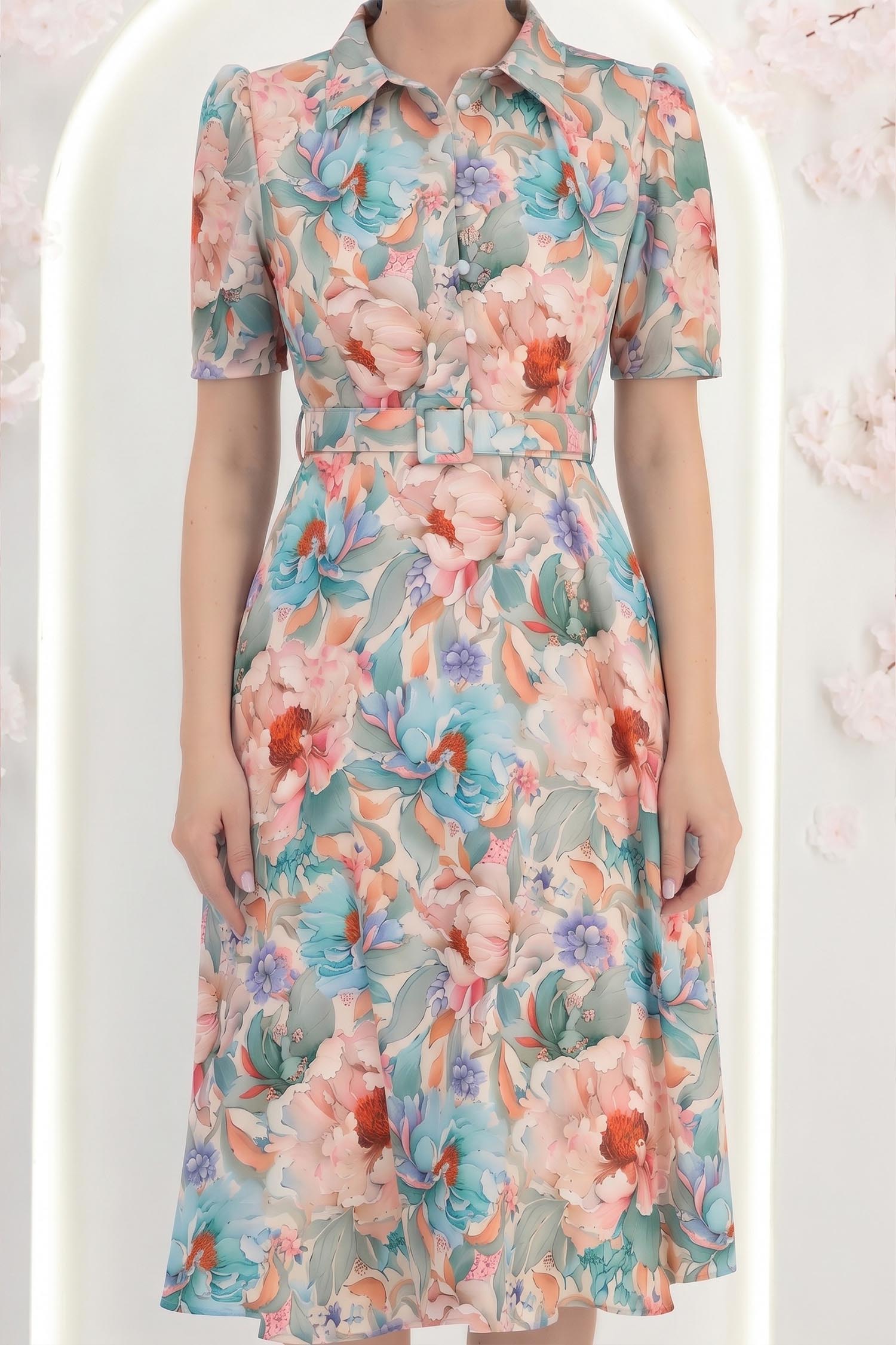 Rochie mint midi in clos cu imprimeu floral si curea- StarShinerS 5 - StarShinerS.ro