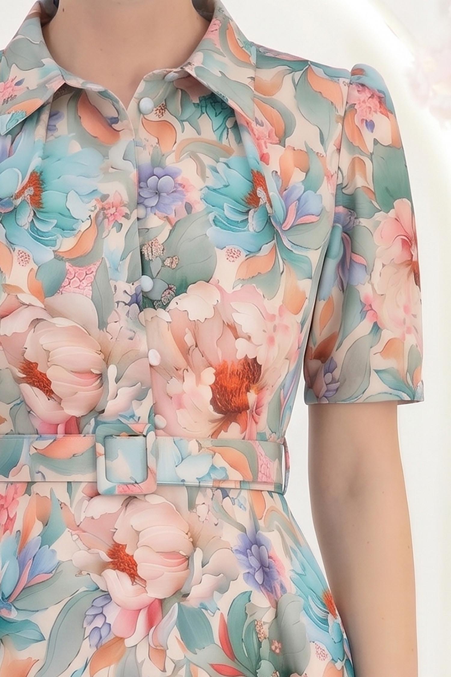 Rochie mint midi in clos cu imprimeu floral si curea- StarShinerS 4 - StarShinerS.ro
