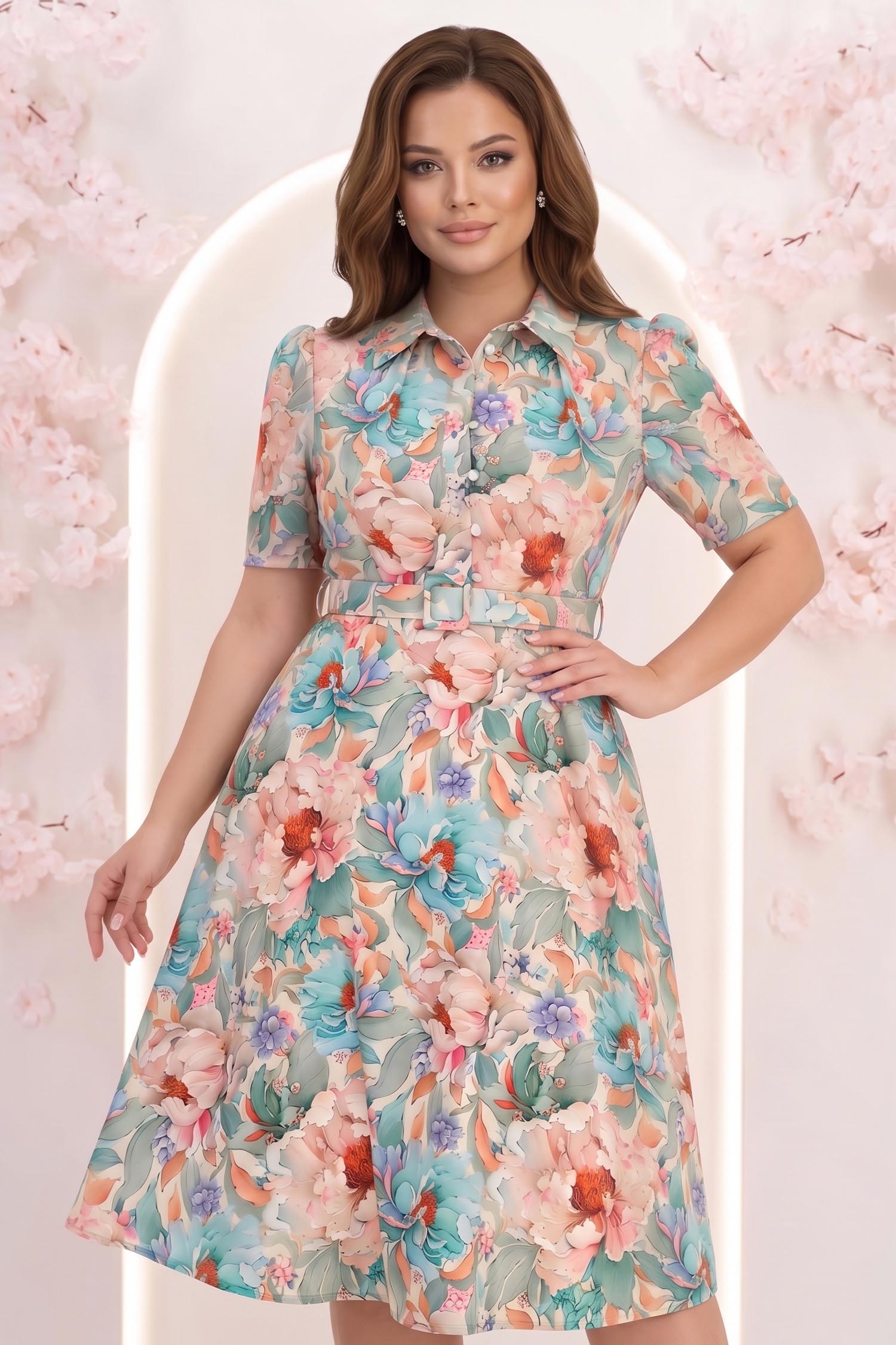 Rochie mint midi in clos cu imprimeu floral si curea- StarShinerS 1 - StarShinerS.ro