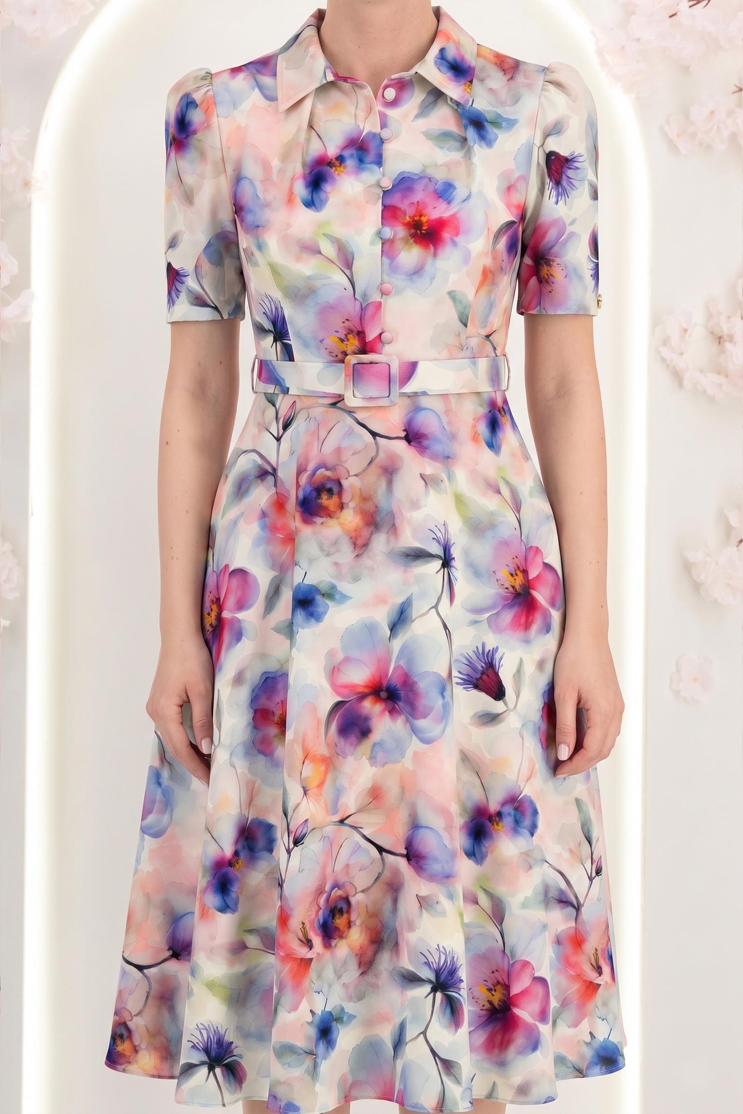 Rochie roz pudra midi in clos cu imprimeu floral si curea- StarShinerS 5 - StarShinerS.ro