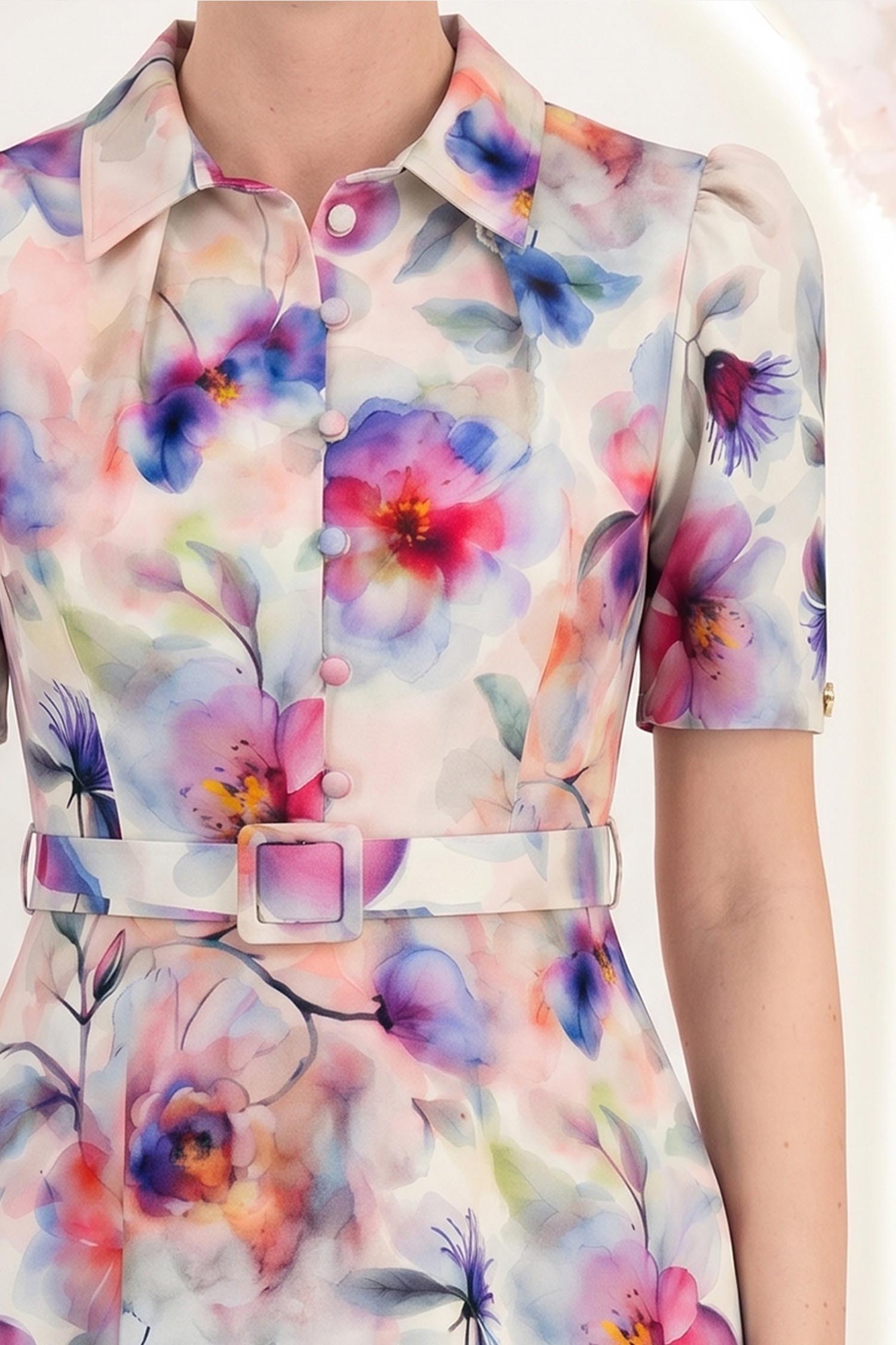 Rochie roz pudra midi in clos cu imprimeu floral si curea- StarShinerS 4 - StarShinerS.ro