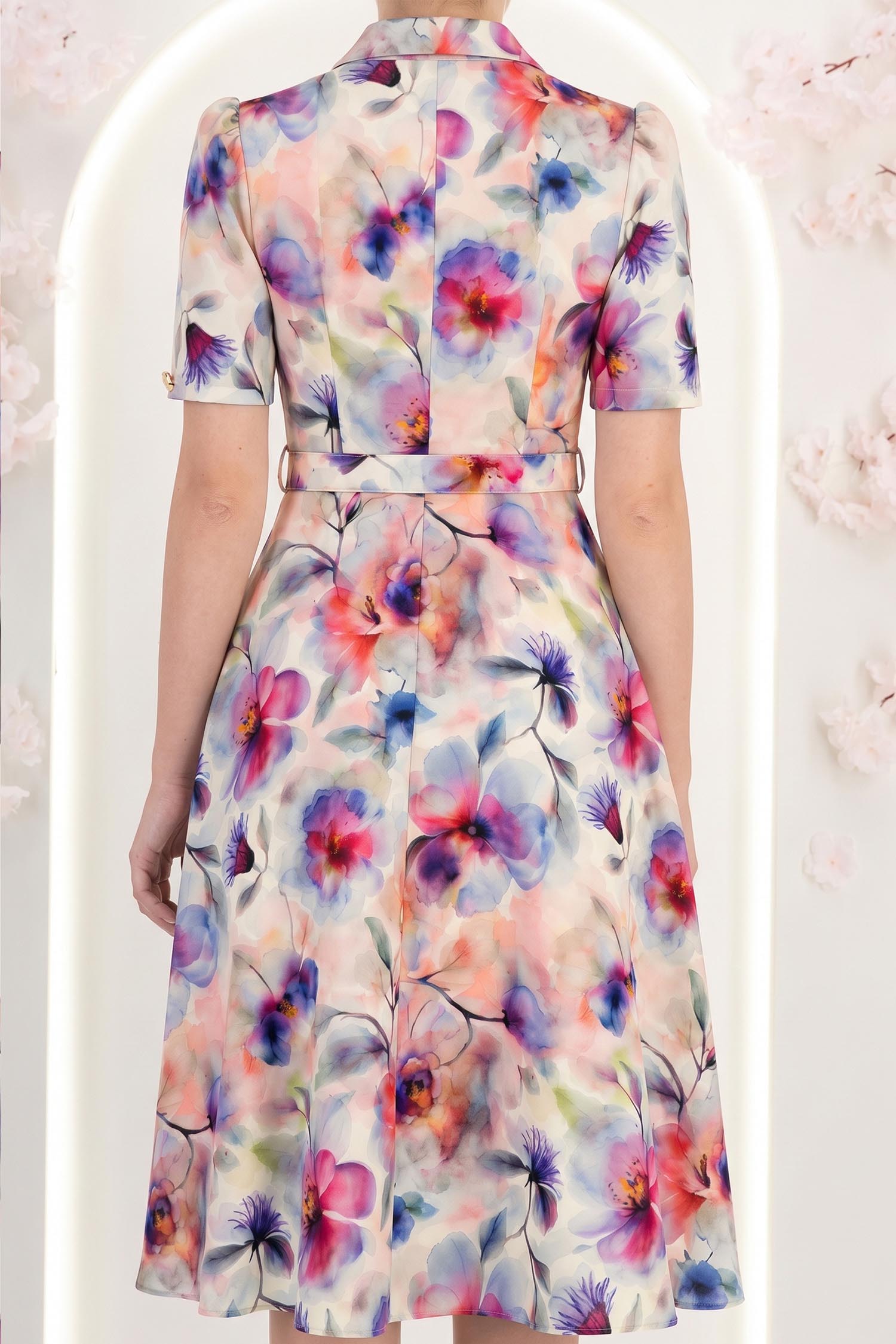 Rochie roz pudra midi in clos cu imprimeu floral si curea- StarShinerS 6 - StarShinerS.ro