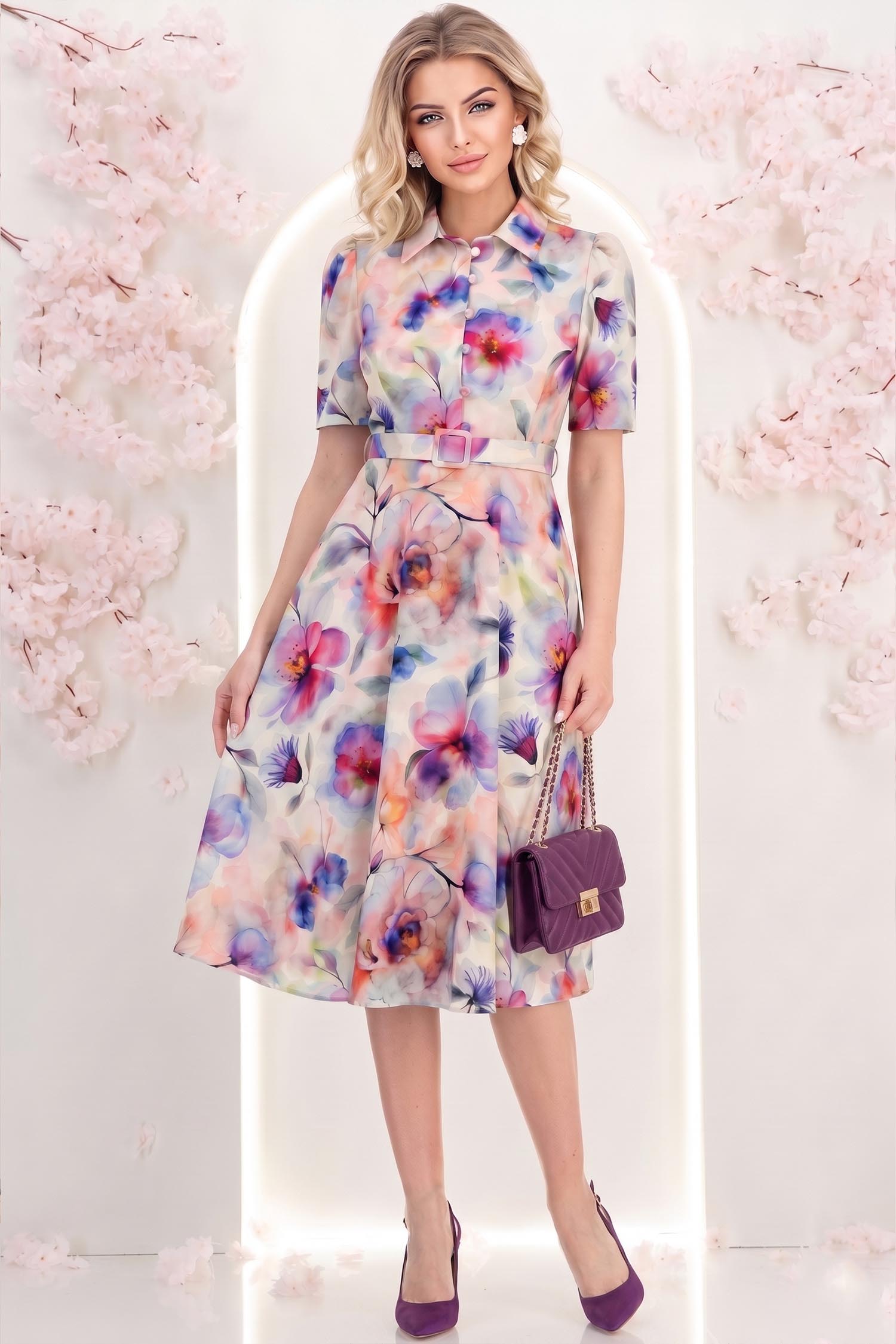 Rochie roz pudra midi in clos cu imprimeu floral si curea- StarShinerS 3 - StarShinerS.ro