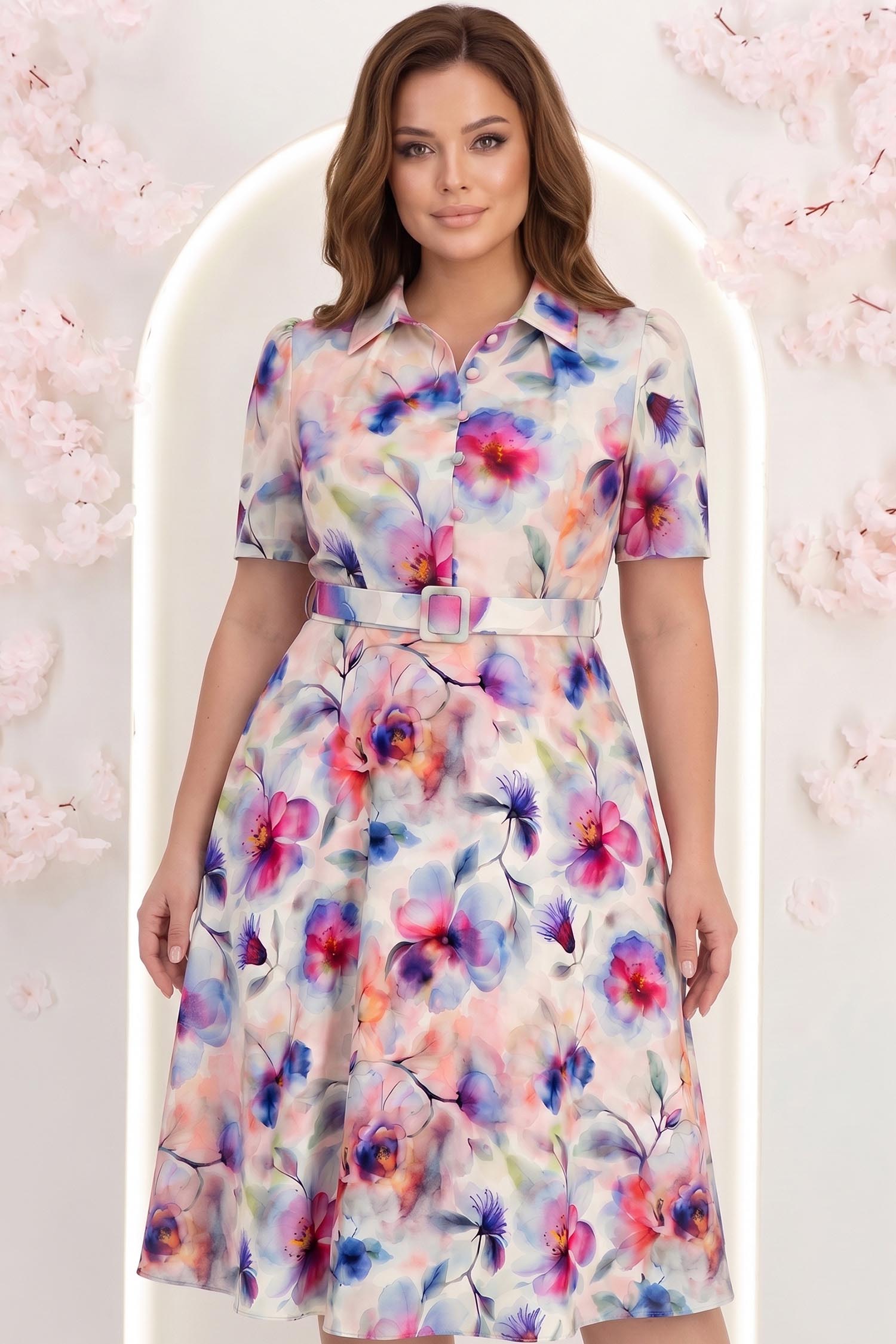 Rochie roz pudra midi in clos cu imprimeu floral si curea- StarShinerS 1 - StarShinerS.ro
