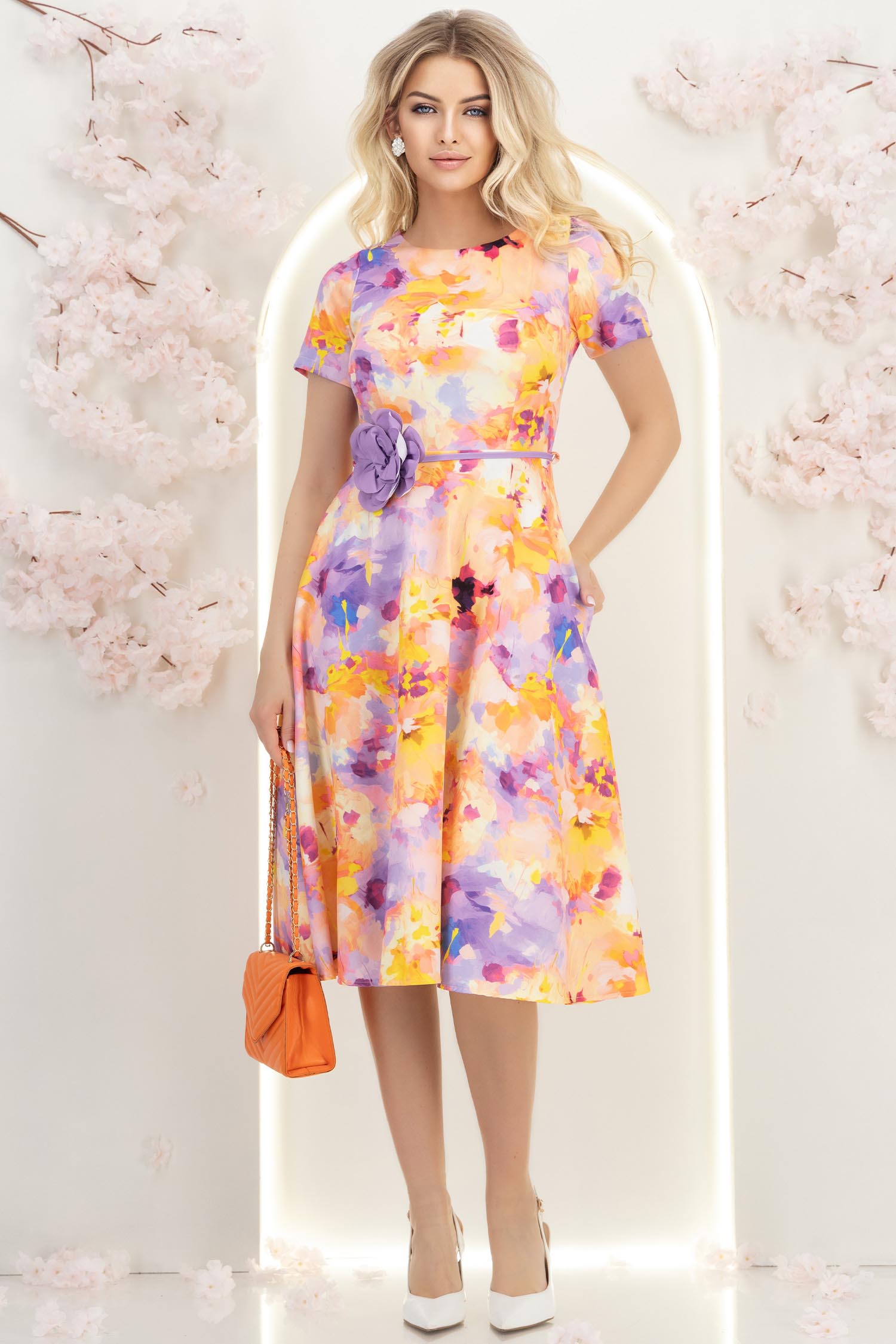 Rochie multicolora midi in clos accesorizata cu cordon si buzunare laterale 3 - StarShinerS.ro